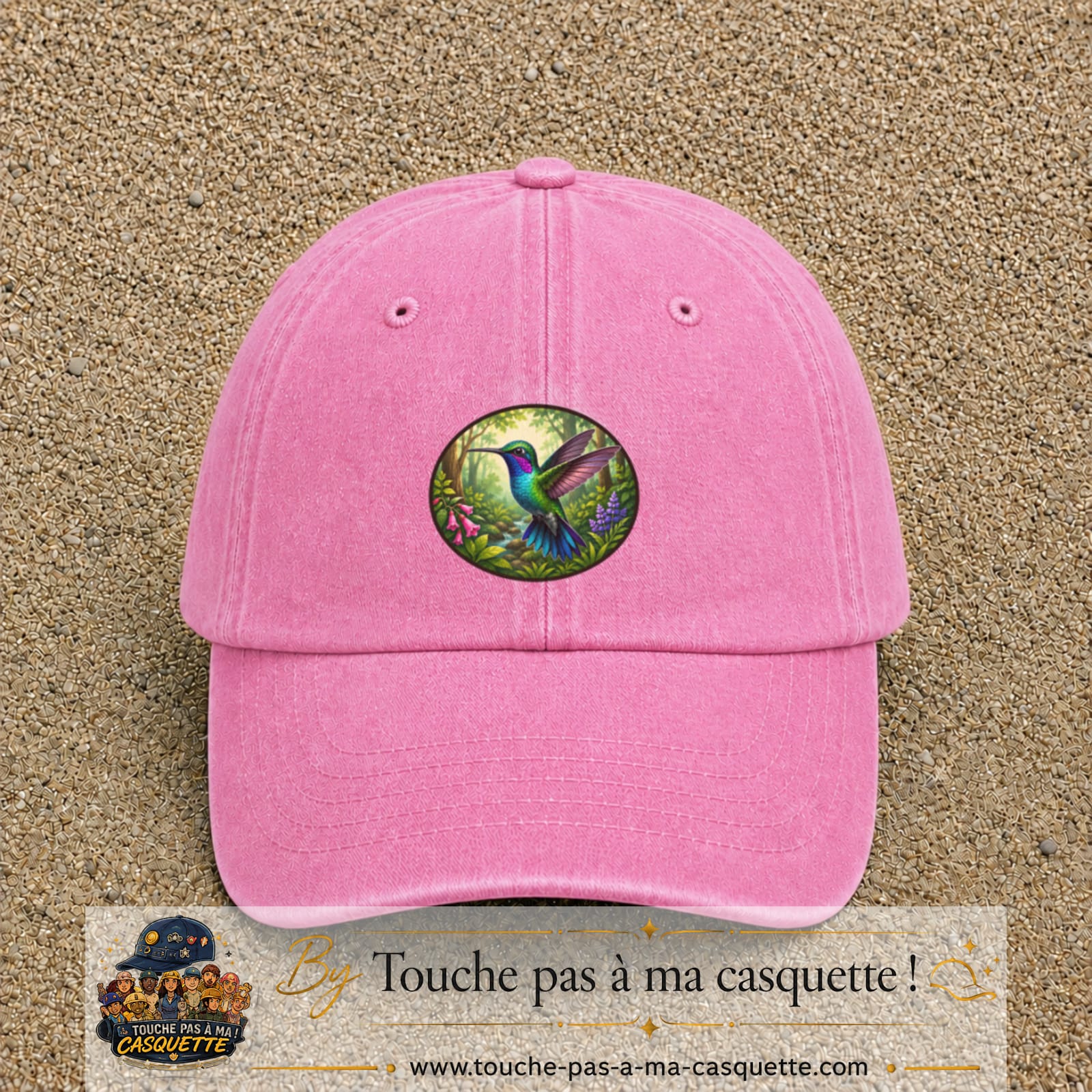 Casquette baseball Rose délavé 100% coton avec visuel Colibri tropical 7 cm - image produit principale