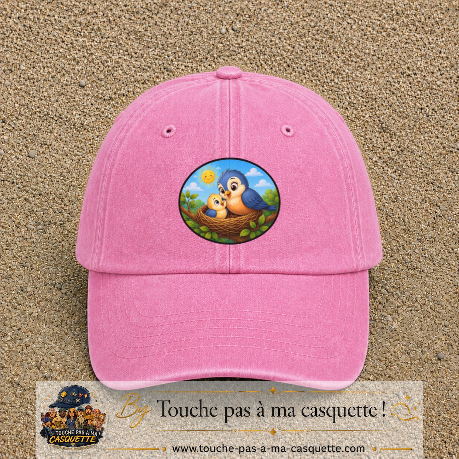 Casquette baseball Rose délavé 100% coton avec visuel Oiseaux au nid 7 cm - image produit principale