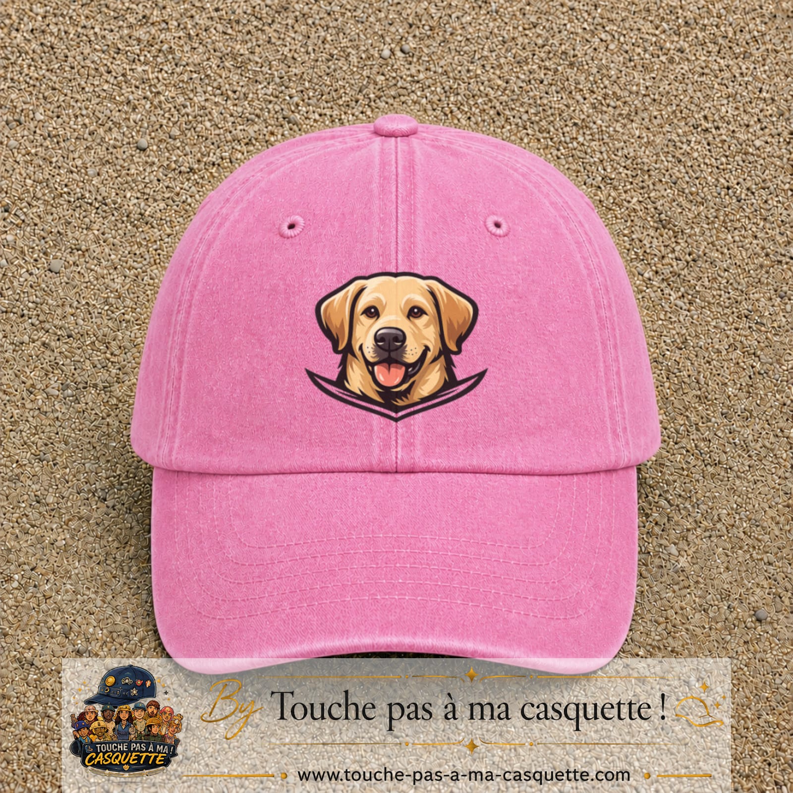 Casquette Rose délavé 100% coton avec motif Chien labrador souriant 7 cm - image principale