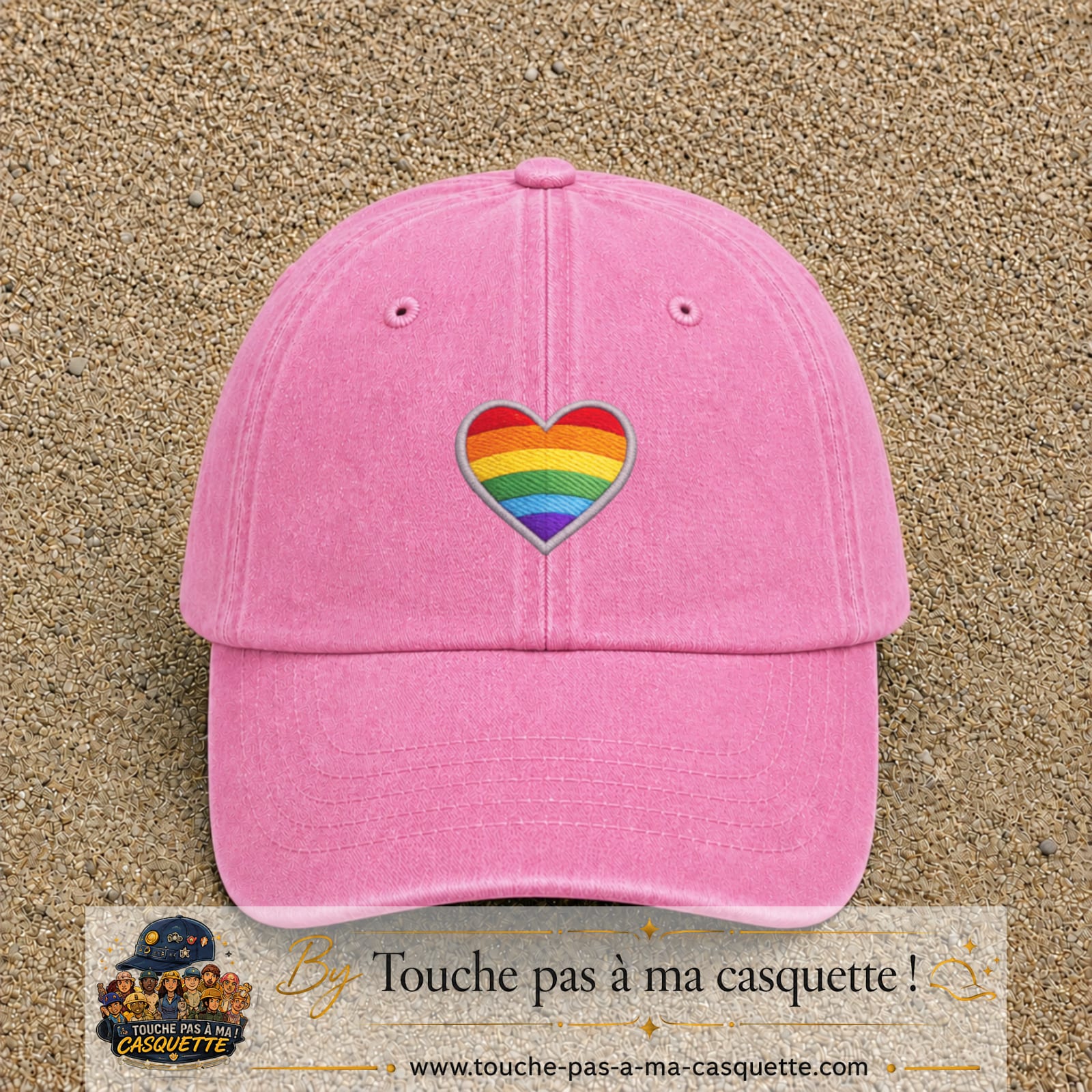 Casquette baseball Rose délavé 100% coton avec visuel Cœur arc-en-ciel 5 cm - image produit principale