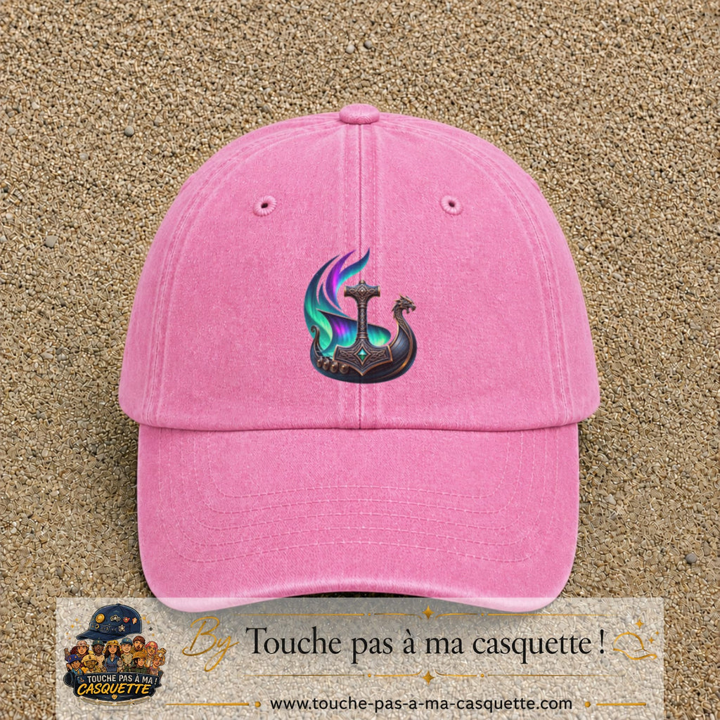 Casquette Rose délavé 100% coton avec motif Drakkar viking et marteau de Thor 7 cm - image principale