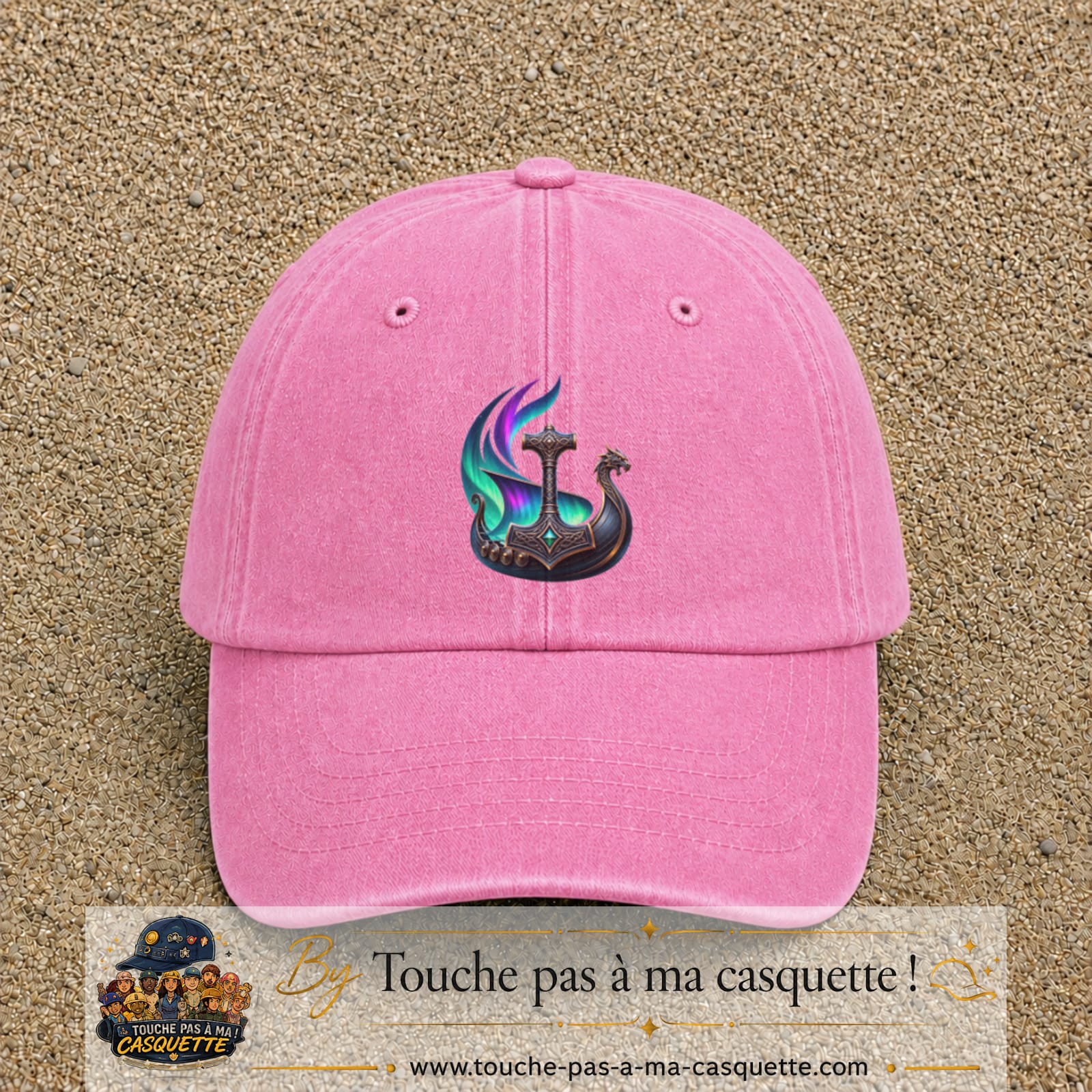 Casquette Rose délavé 100% coton avec motif Drakkar viking et marteau de Thor 7 cm - image principale