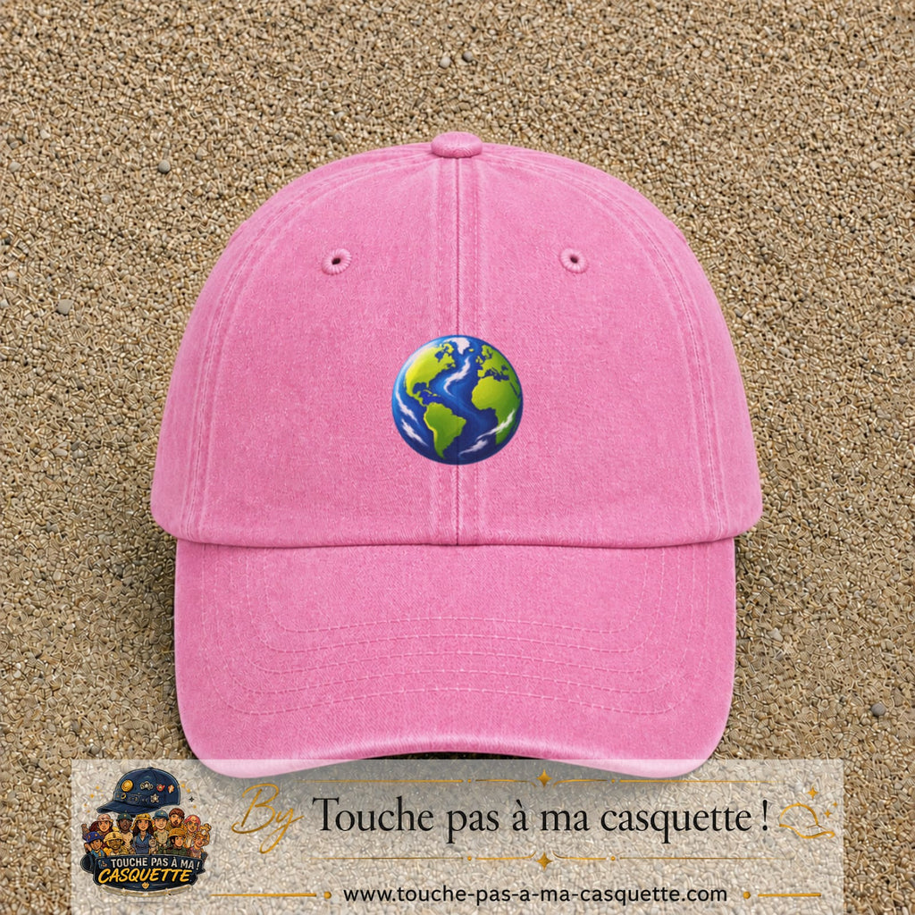 Casquette baseball Rose délavé 100% coton avec visuel Planète Terre cartoon 5 cm - image produit principale