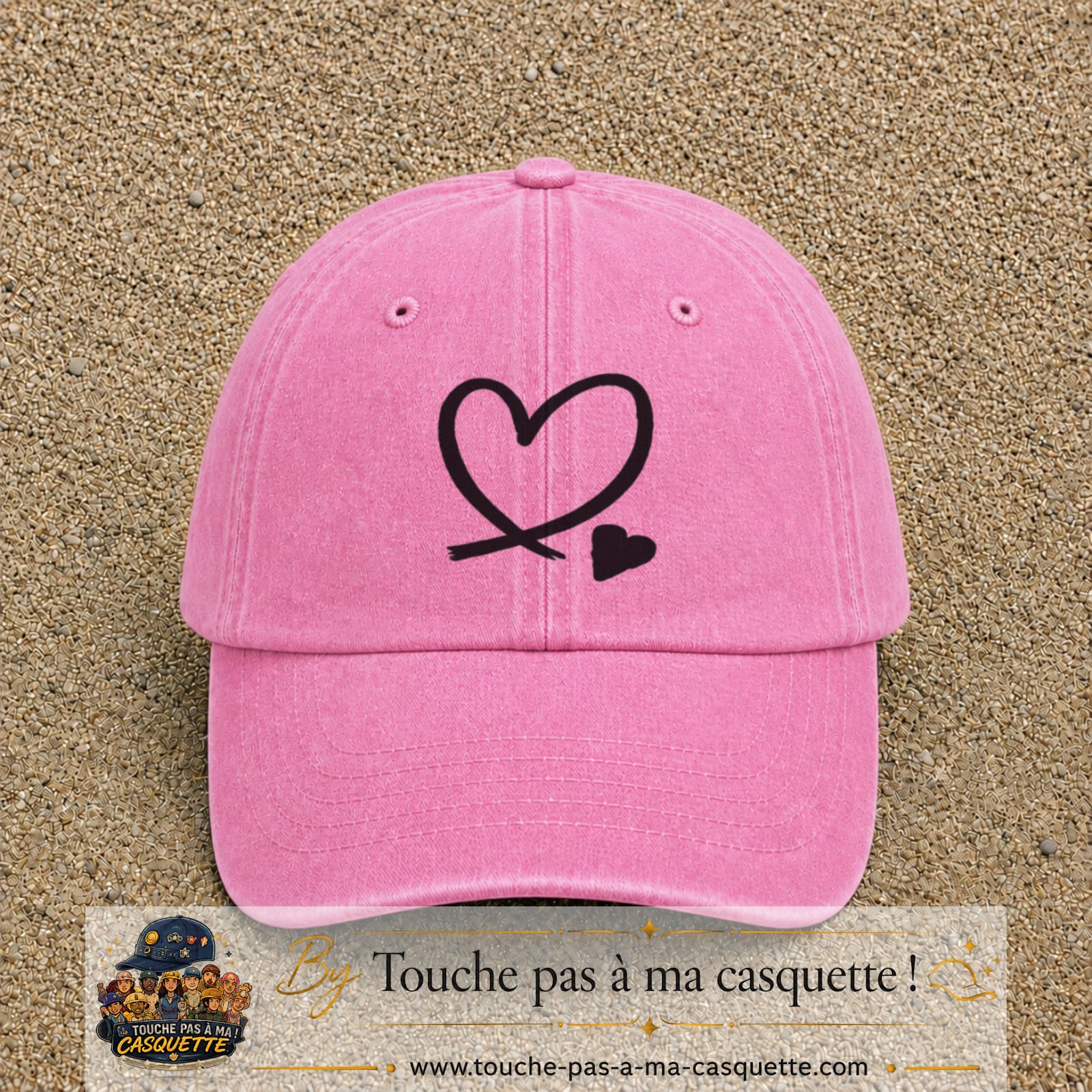 Casquette baseball Rose délavé 100% coton avec visuel Cœur noir dessiné 7 cm - image produit principale