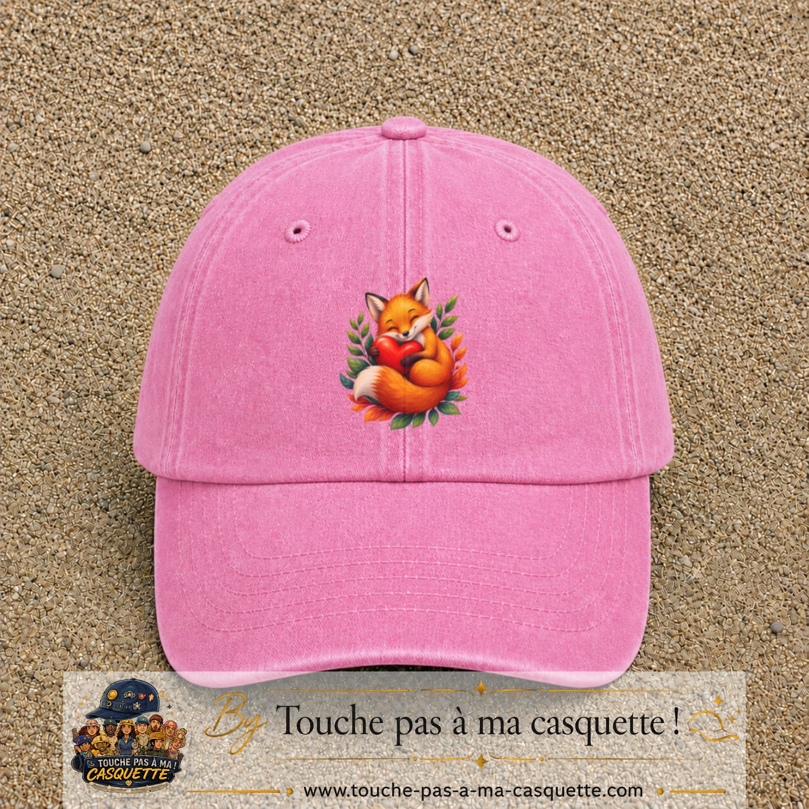 Casquette baseball Rose délavé 100% coton avec motif Renard au cœur 7 cm - image principale