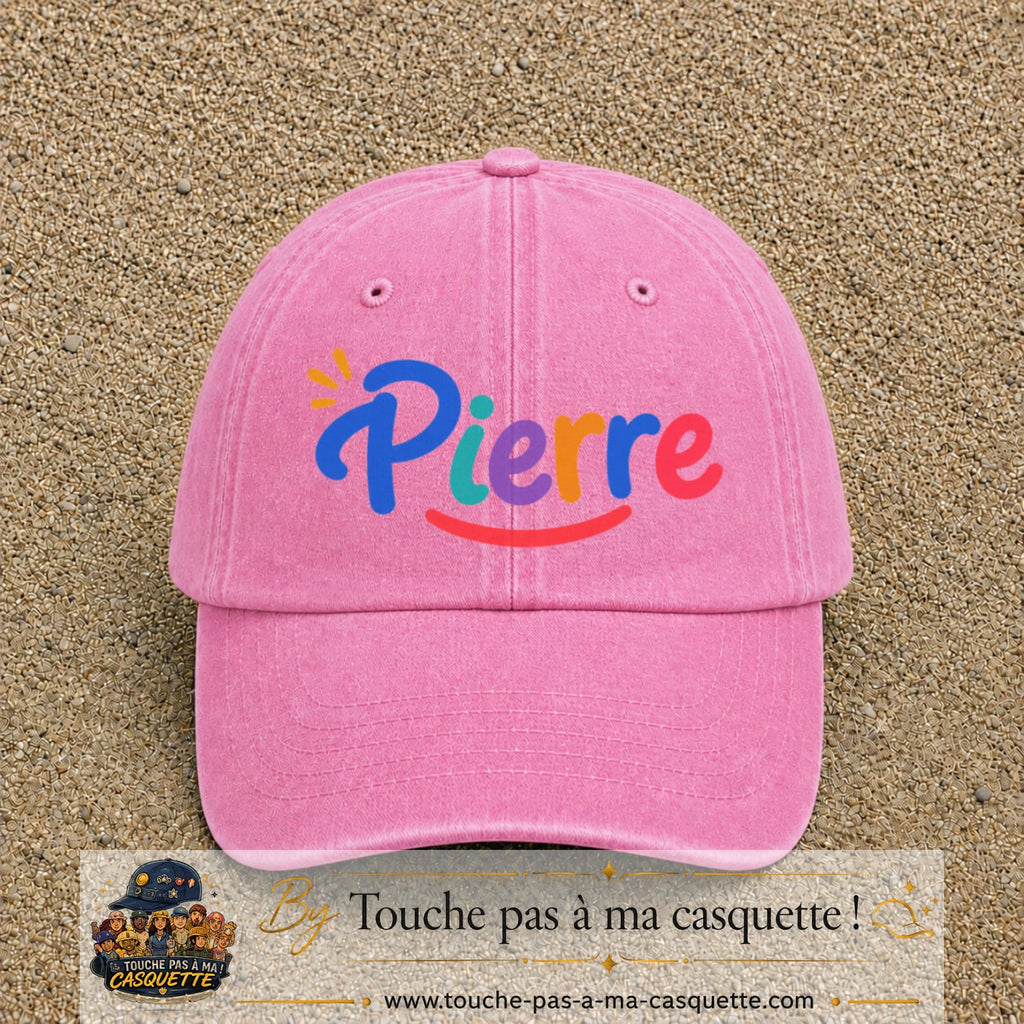 Casquette baseball Rose délavé 100% coton avec visuel Prénom Pierre coloré 7 cm - image produit principale