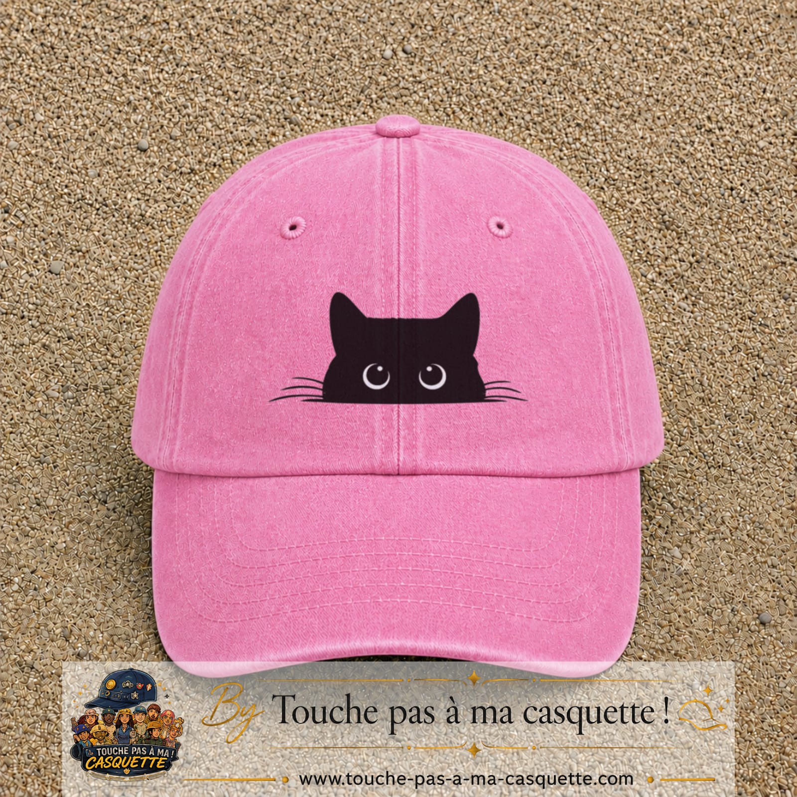 Casquette baseball Rose délavé 100% coton avec visuel Chat noir cache-cache 5 cm - image produit principale
