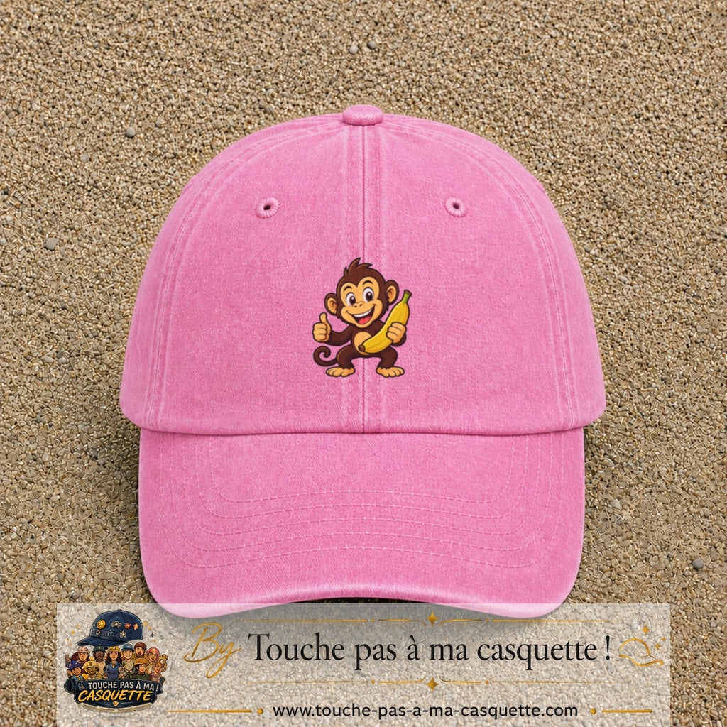 Casquette baseball Rose délavé 100% coton avec motif Singe à la banane 5 cm - image principale
