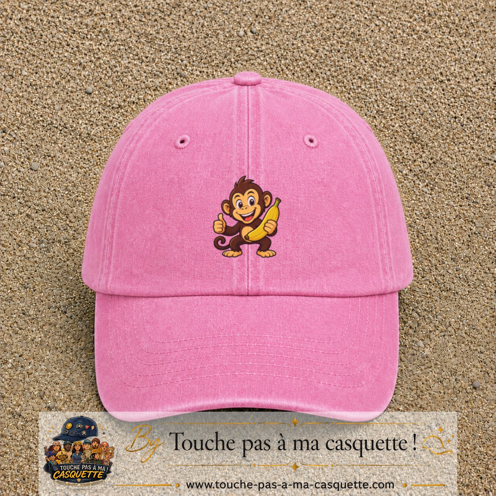 Casquette baseball Rose délavé 100% coton avec motif Singe à la banane 5 cm - image principale