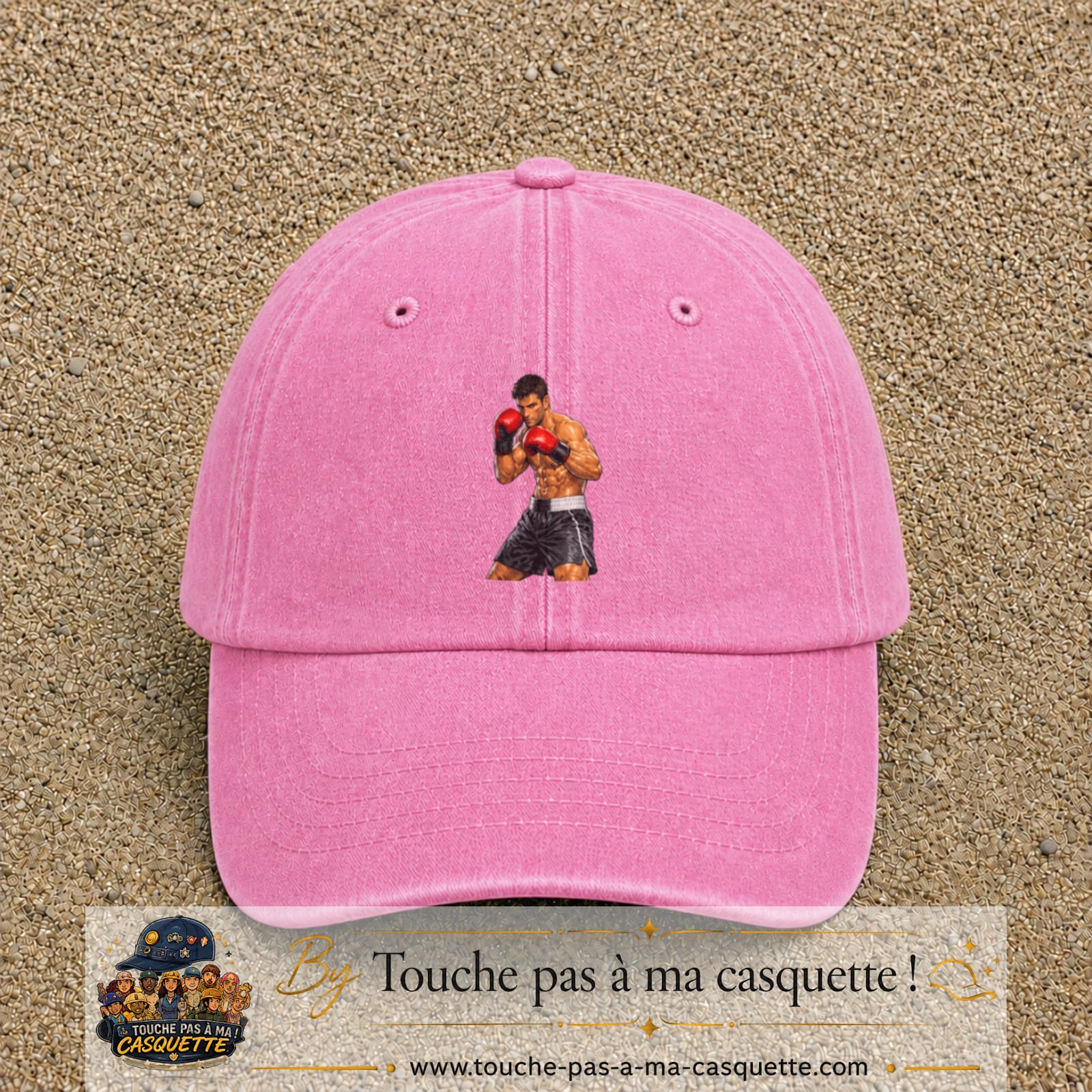 Casquette Rose délavé 100% coton avec motif Boxeur prêt au combat 7 cm - image principale
