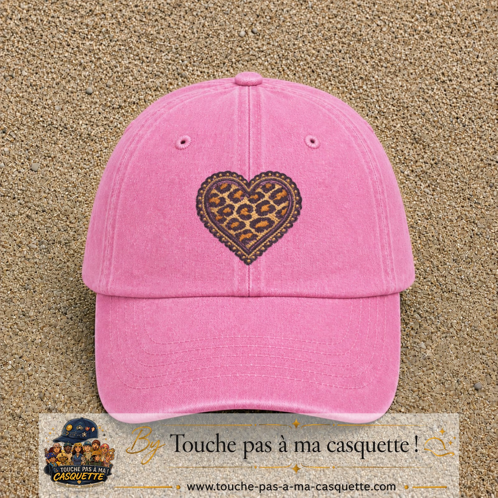 Casquette Rose délavé motif Cœur léopard perlé 7 cm - vue principale