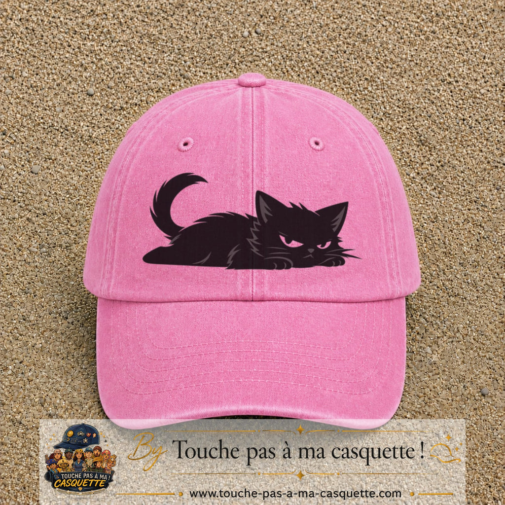 Casquette baseball Rose délavé 100% coton avec visuel Chat noir couché 7 cm - image produit principale