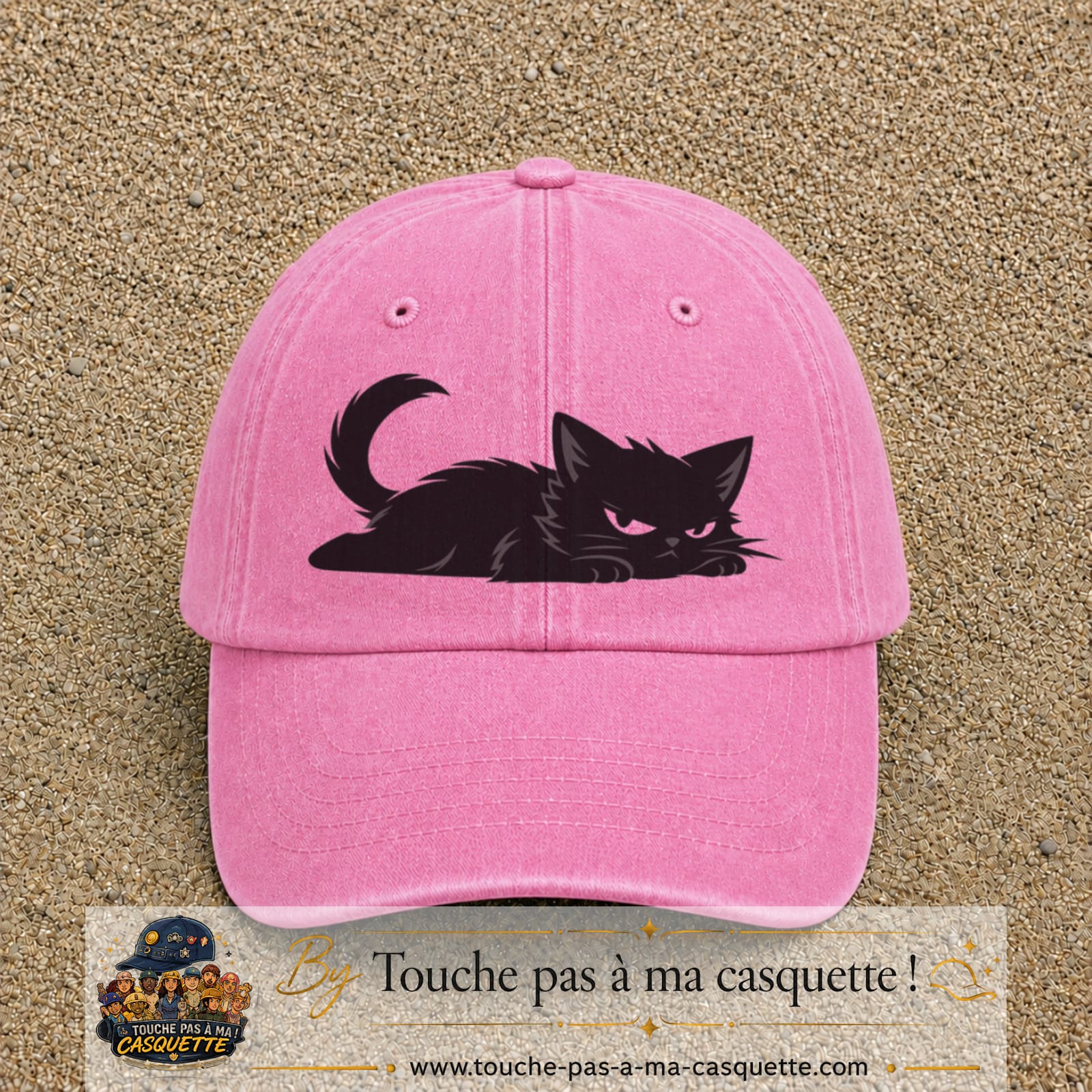 Casquette baseball Rose délavé 100% coton avec visuel Chat noir couché 7 cm - image produit principale