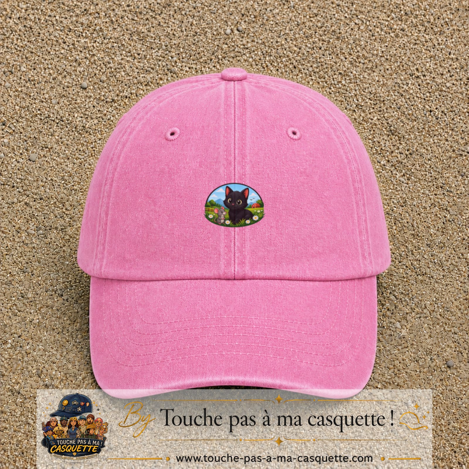 Casquette baseball Rose délavé 100% coton avec visuel Chat et souris à la ferme 3 cm - image produit principale