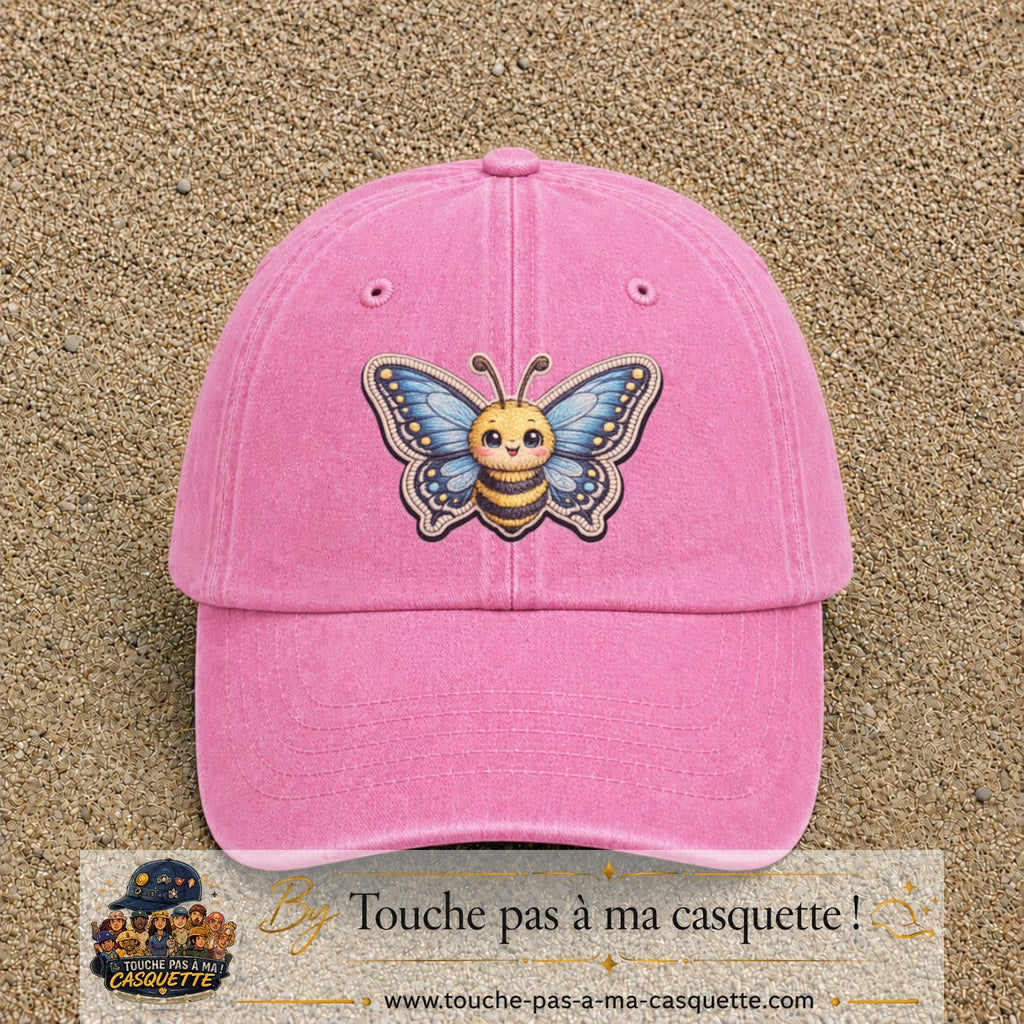 Casquette Rose délavé motif Abeille papillon 7 cm - vue principale