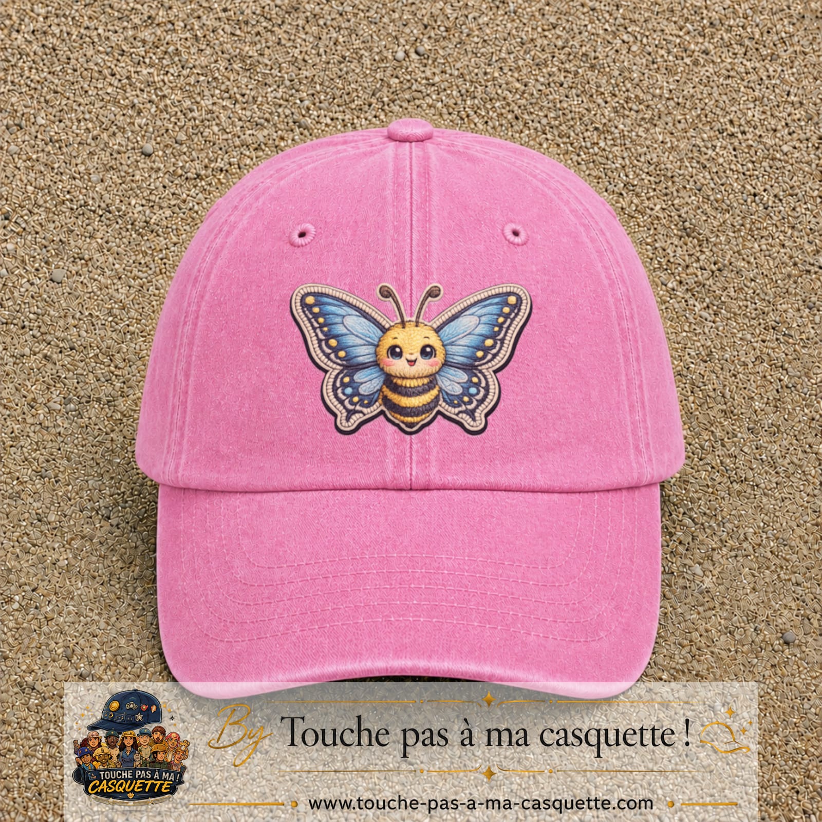 Casquette Rose délavé motif Abeille papillon 7 cm - vue principale