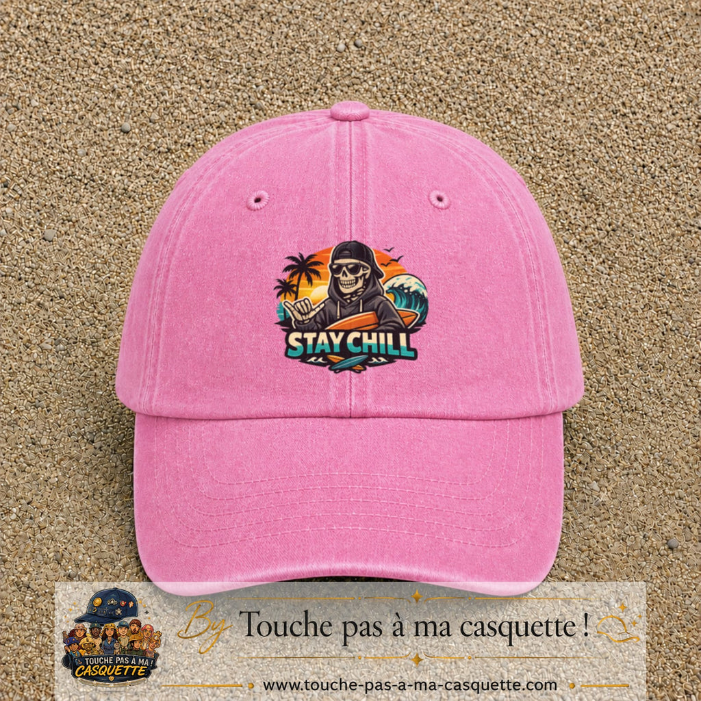Casquette Rose délavé 100% coton avec motif Stay Chill squelette plage 7 cm - image principale