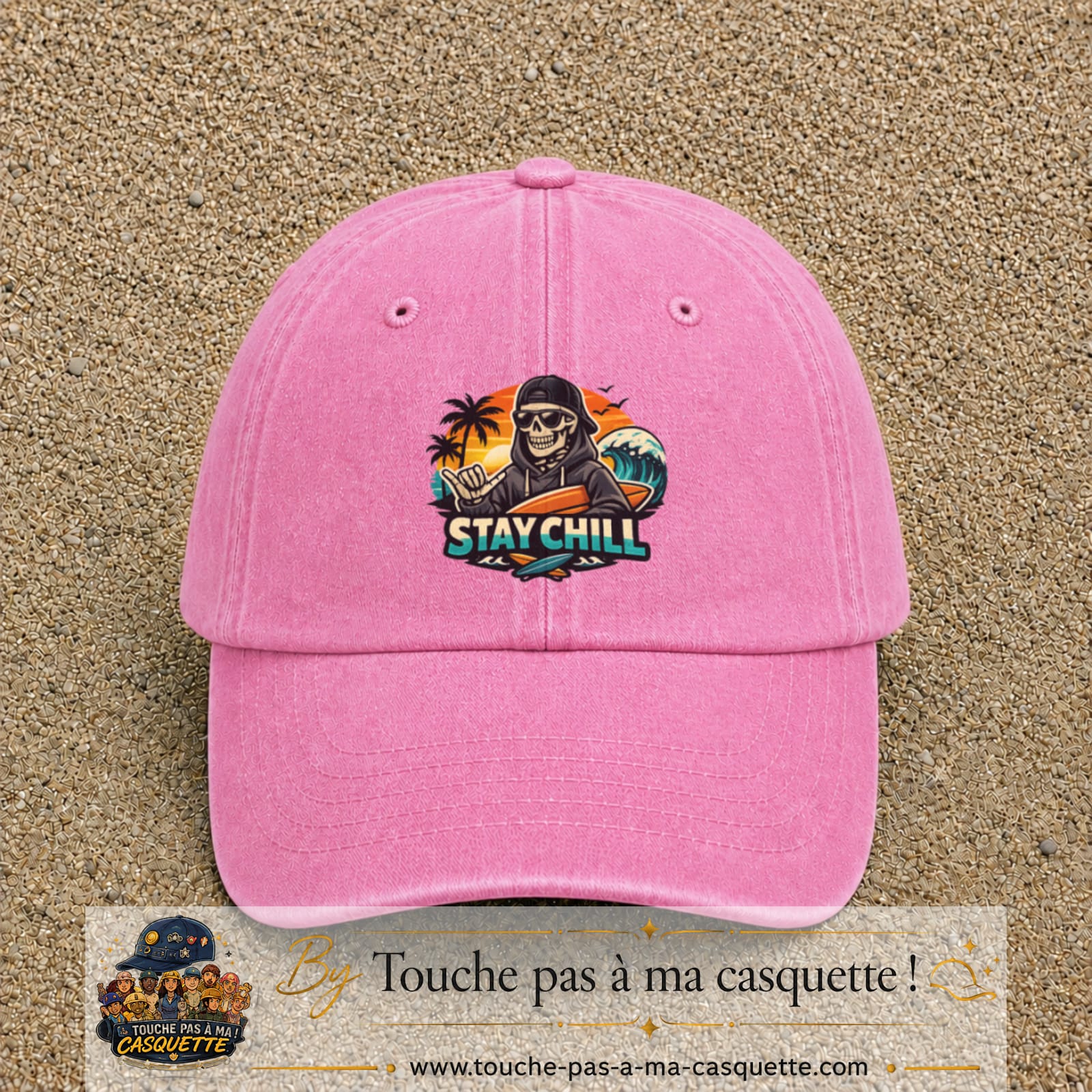 Casquette Rose délavé 100% coton avec motif Stay Chill squelette plage 7 cm - image principale