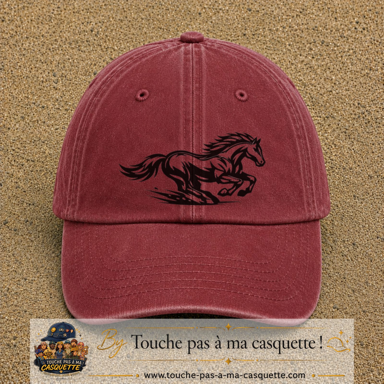 Image principale produit127grosRB - casquette Rouge délavé - Bordeaux délavé avec visuel Cheval au galop 7 cm
