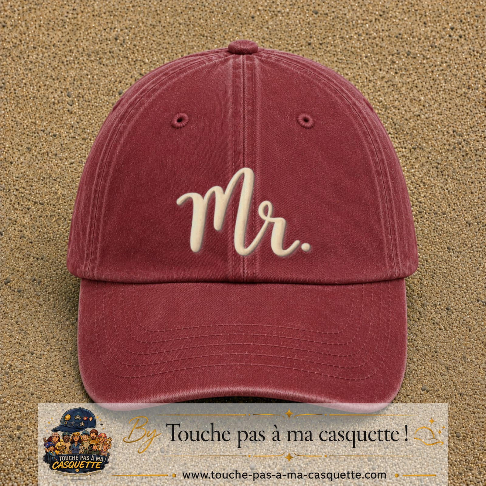 Image principale produit111grosRB - casquette Rouge délavé - Bordeaux délavé avec visuel Mr blanc 7 cm