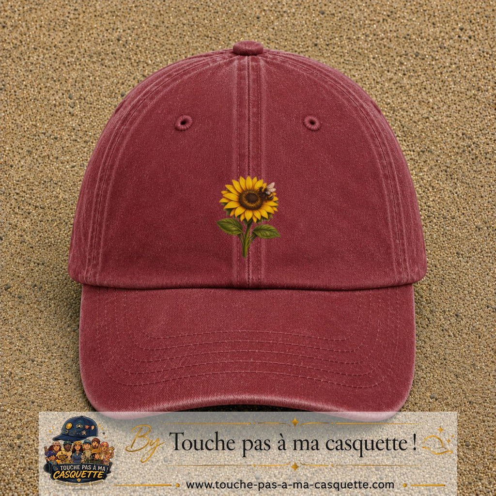 Image principale produit75moyenRB - casquette Rouge délavé - Bordeaux délavé avec visuel Tournesol abeille 5 cm