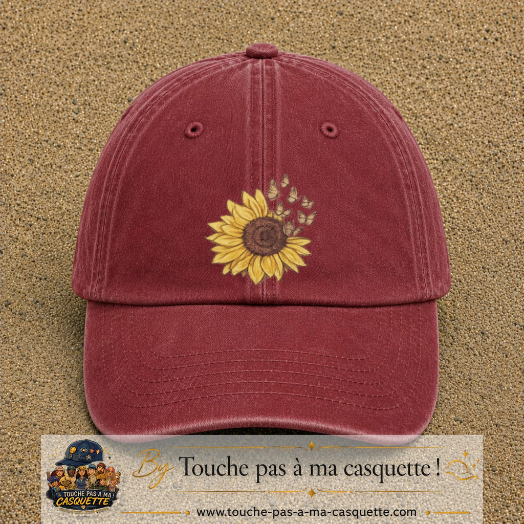 Image principale produit15grosRB - casquette Rouge délavé - Bordeaux délavé avec visuel Tournesol mandala 7 cm