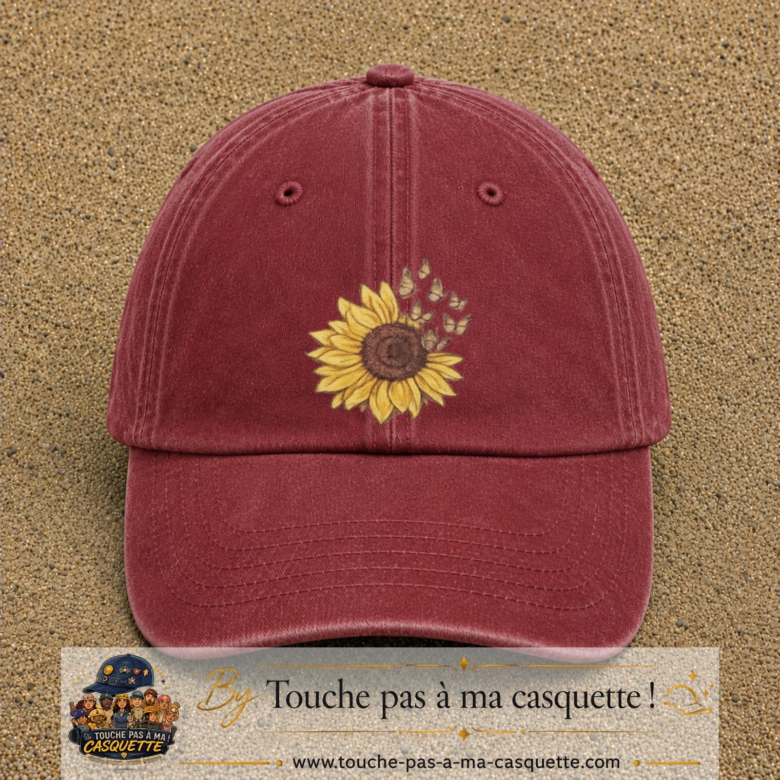 Image principale produit15grosRB - casquette Rouge délavé - Bordeaux délavé avec visuel Tournesol mandala 7 cm