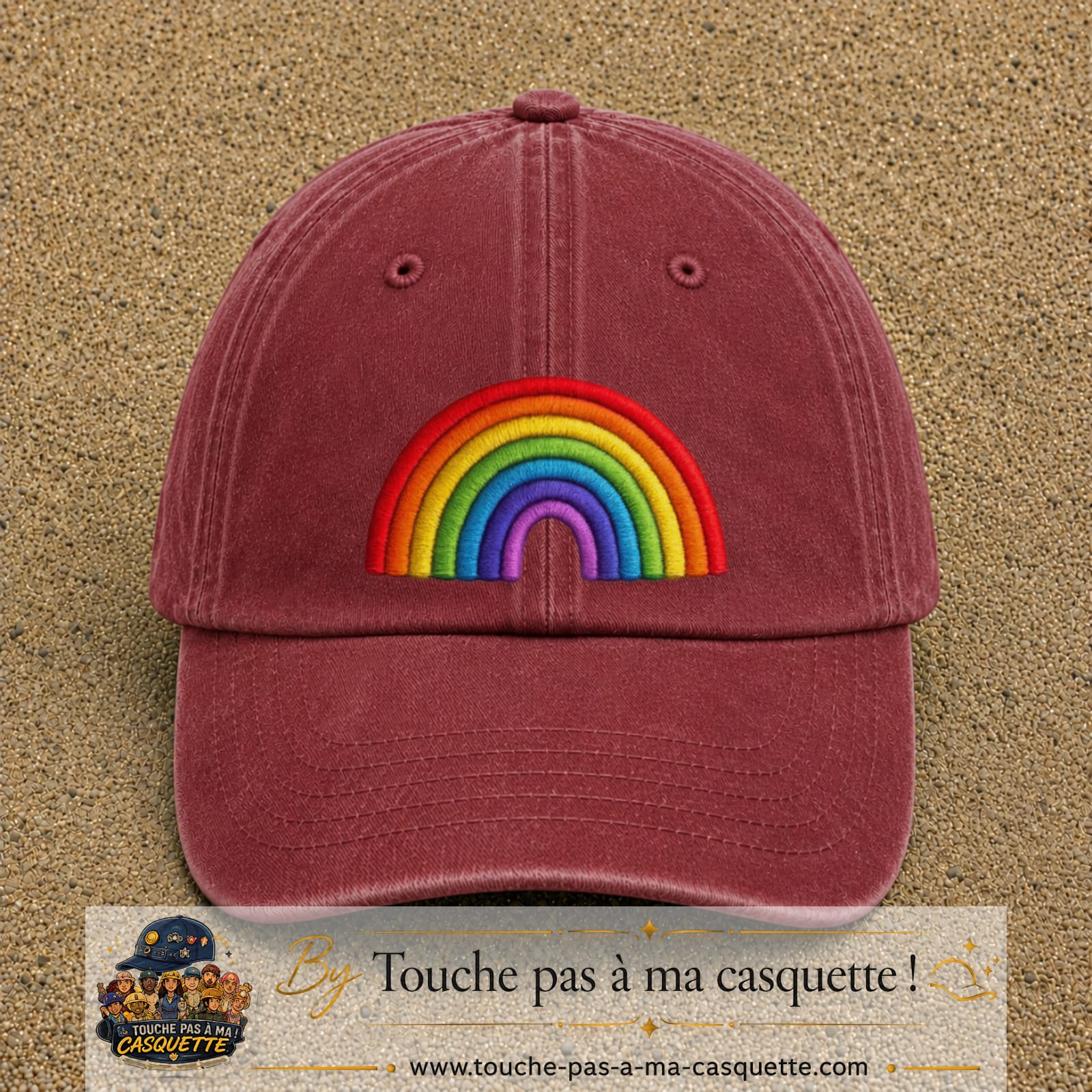 Image principale produit24grosRB - casquette Rouge délavé - Bordeaux délavé avec visuel Arc-en-ciel 7 cm