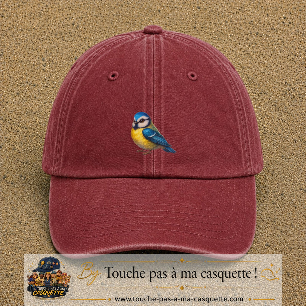 Image principale produit63moyenRB - casquette Rouge délavé - Bordeaux délavé avec visuel Mésange 5 cm