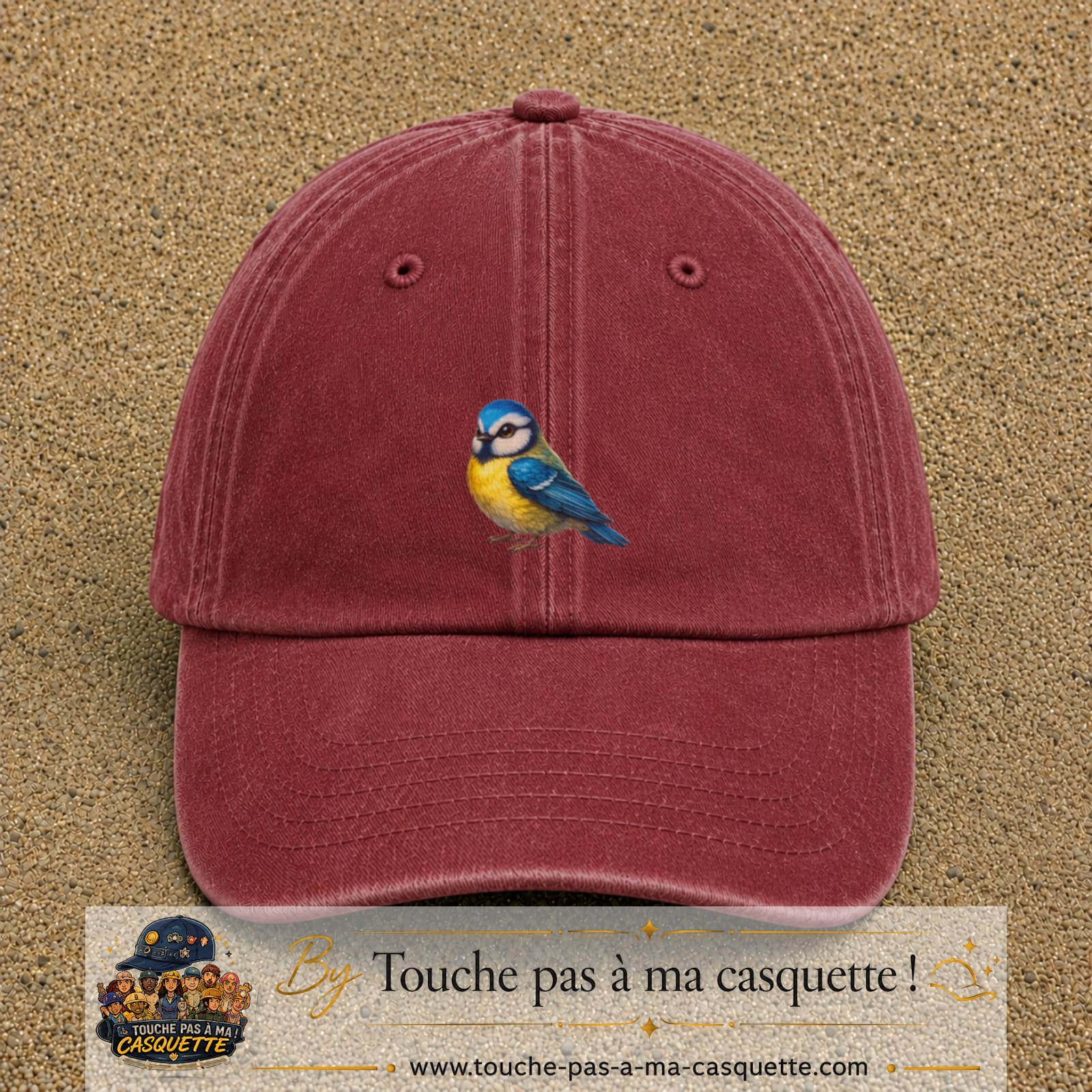 Image principale produit63moyenRB - casquette Rouge délavé - Bordeaux délavé avec visuel Mésange 5 cm