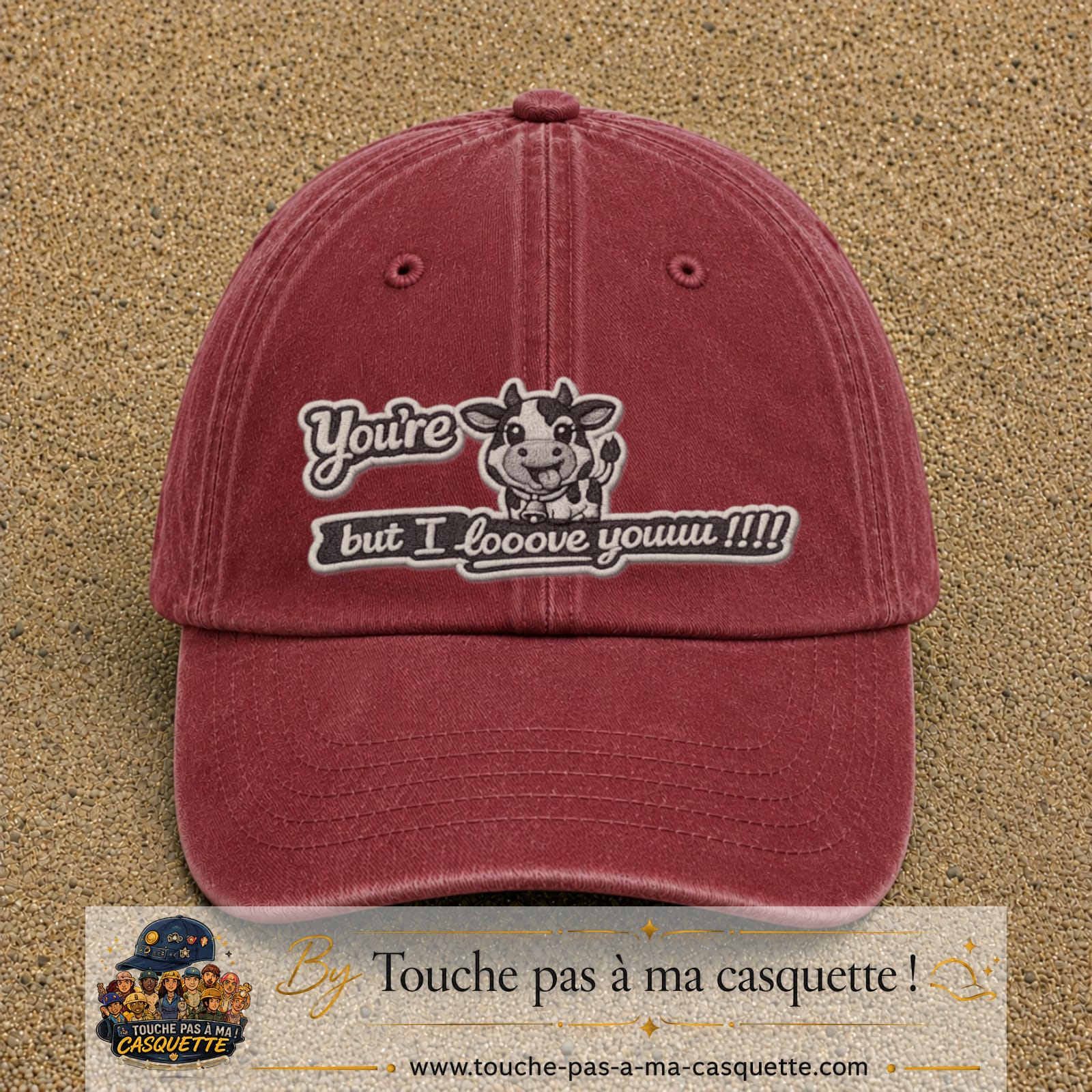 Image principale produit121grosRB - casquette Rouge délavé - Bordeaux délavé avec visuel Vache message anglais 7 cm