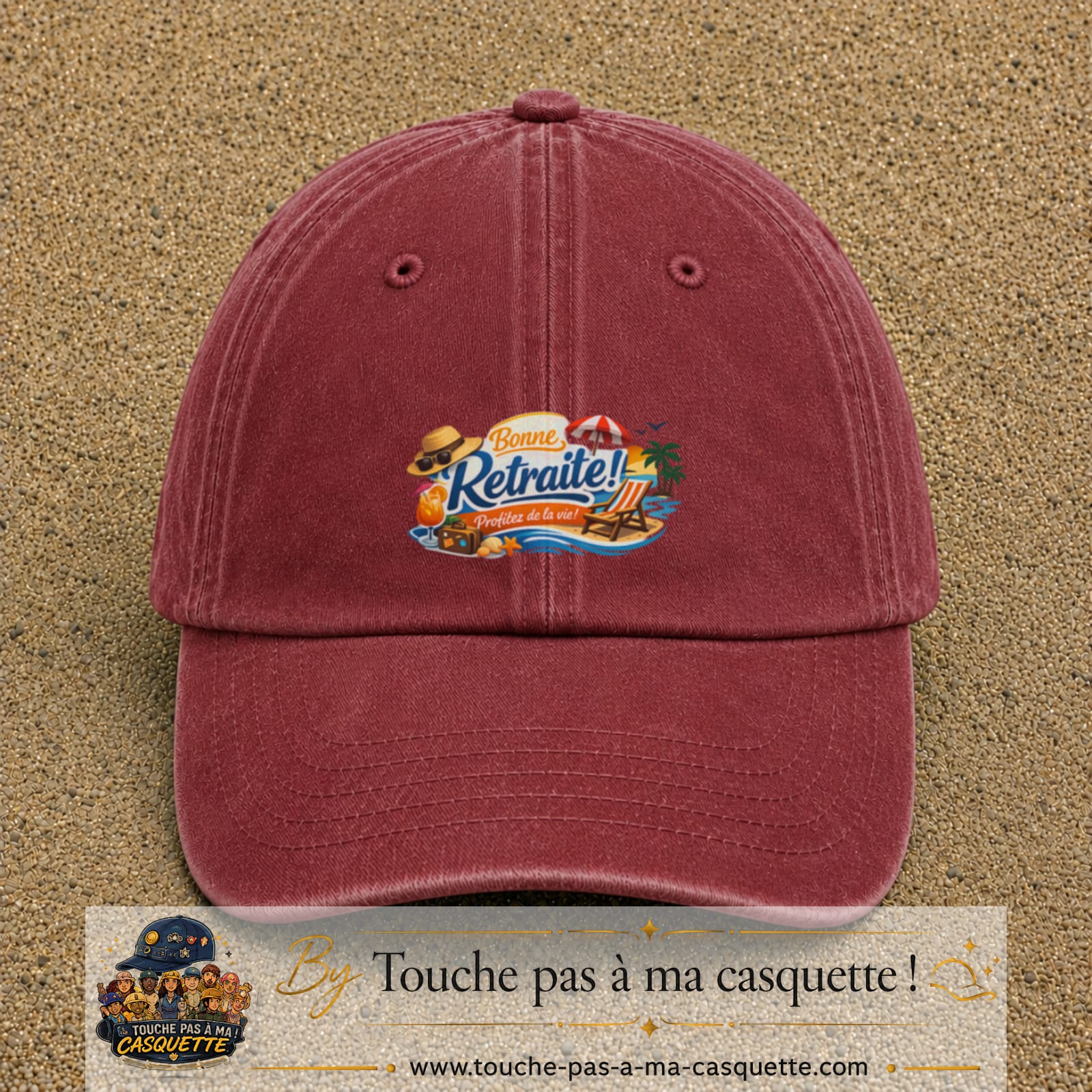 Casquette Rouge délavé - Bordeaux délavé avec motif Bonne retraite au bord de la mer en 5 cm – vue principale