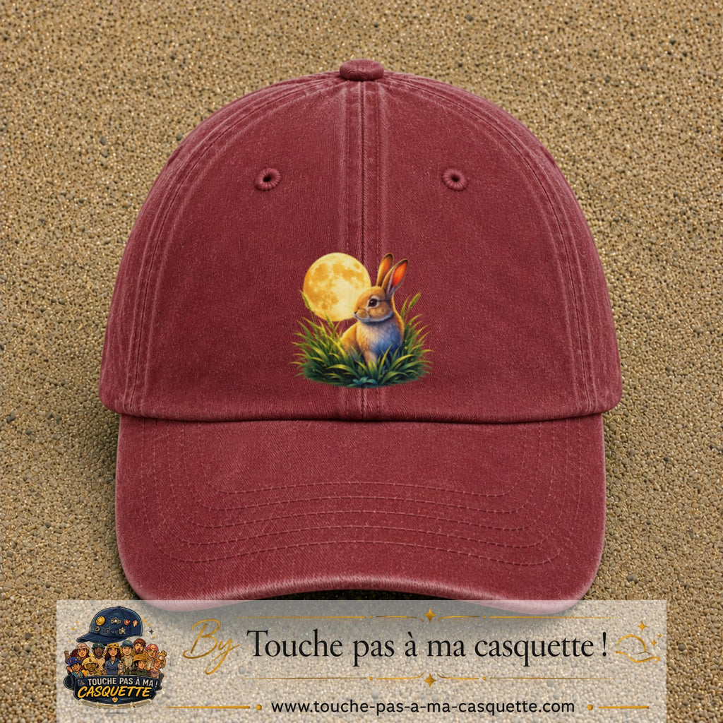 Casquette Rouge délavé - Bordeaux délavé motif Lapin sous la lune logo 7 cm