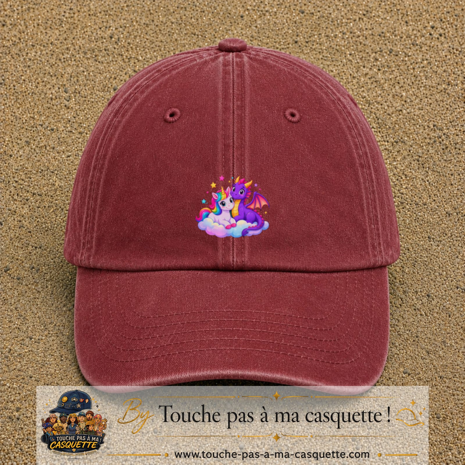 Casquette Rouge délavé - Bordeaux délavé motif Licorne et bébé dragon logo 5 cm