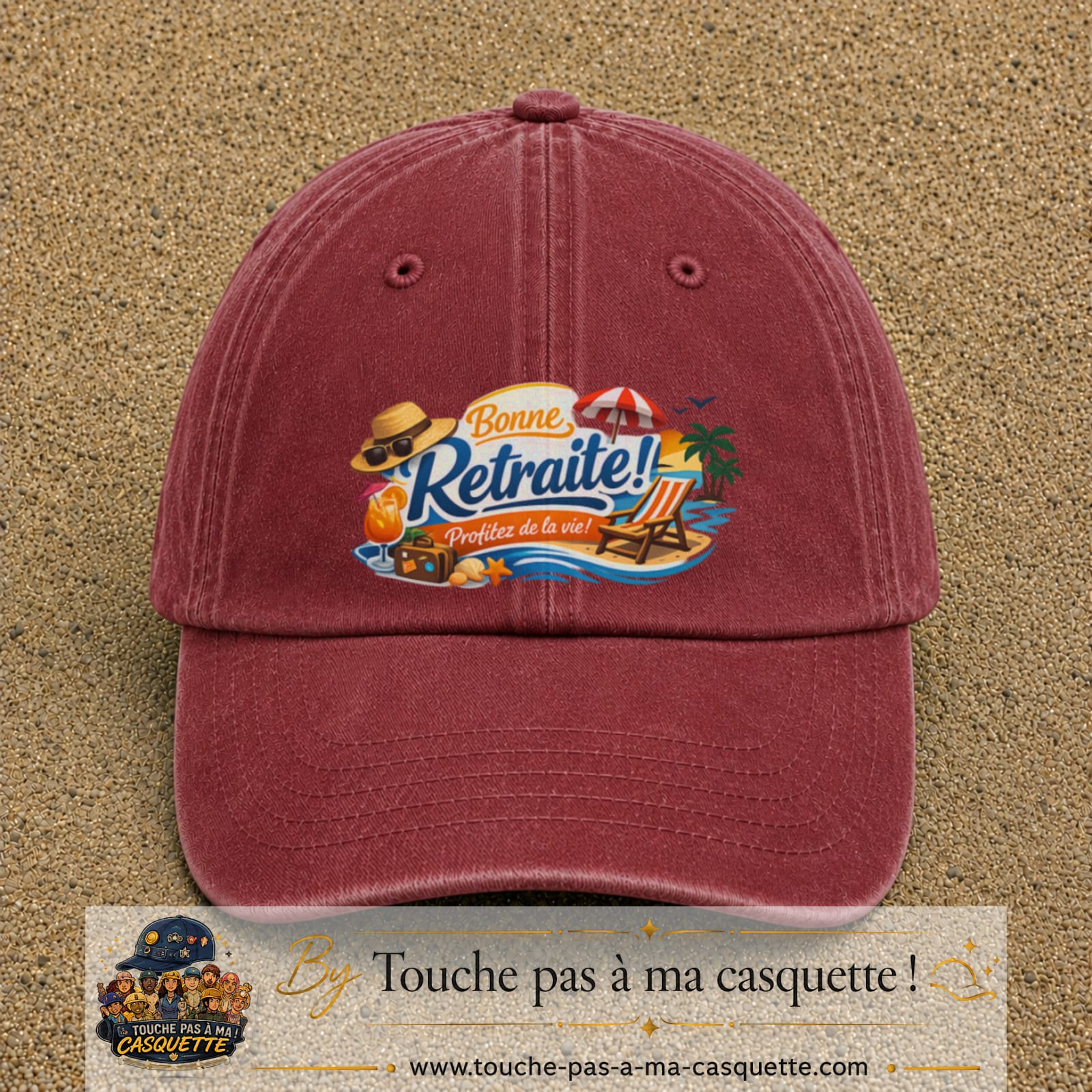 Casquette Rouge délavé - Bordeaux délavé avec motif Bonne retraite au bord de la mer en 7 cm – vue principale