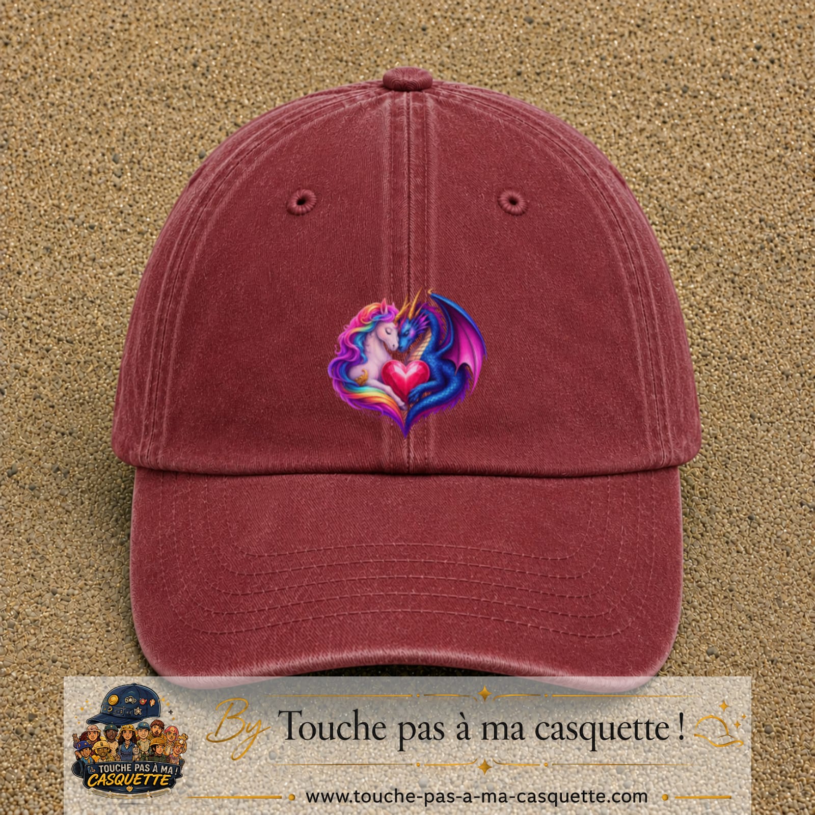 Casquette Rouge délavé - Bordeaux délavé motif Licorne et dragon cœur logo 7 cm