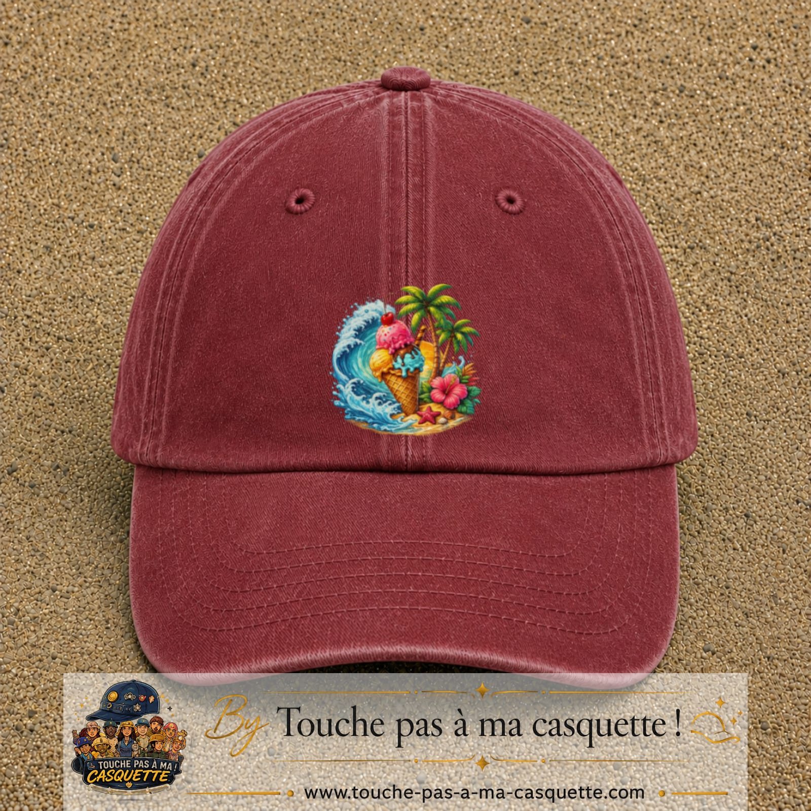 Casquette Rouge délavé - Bordeaux délavé motif Glace tropicale logo 7 cm