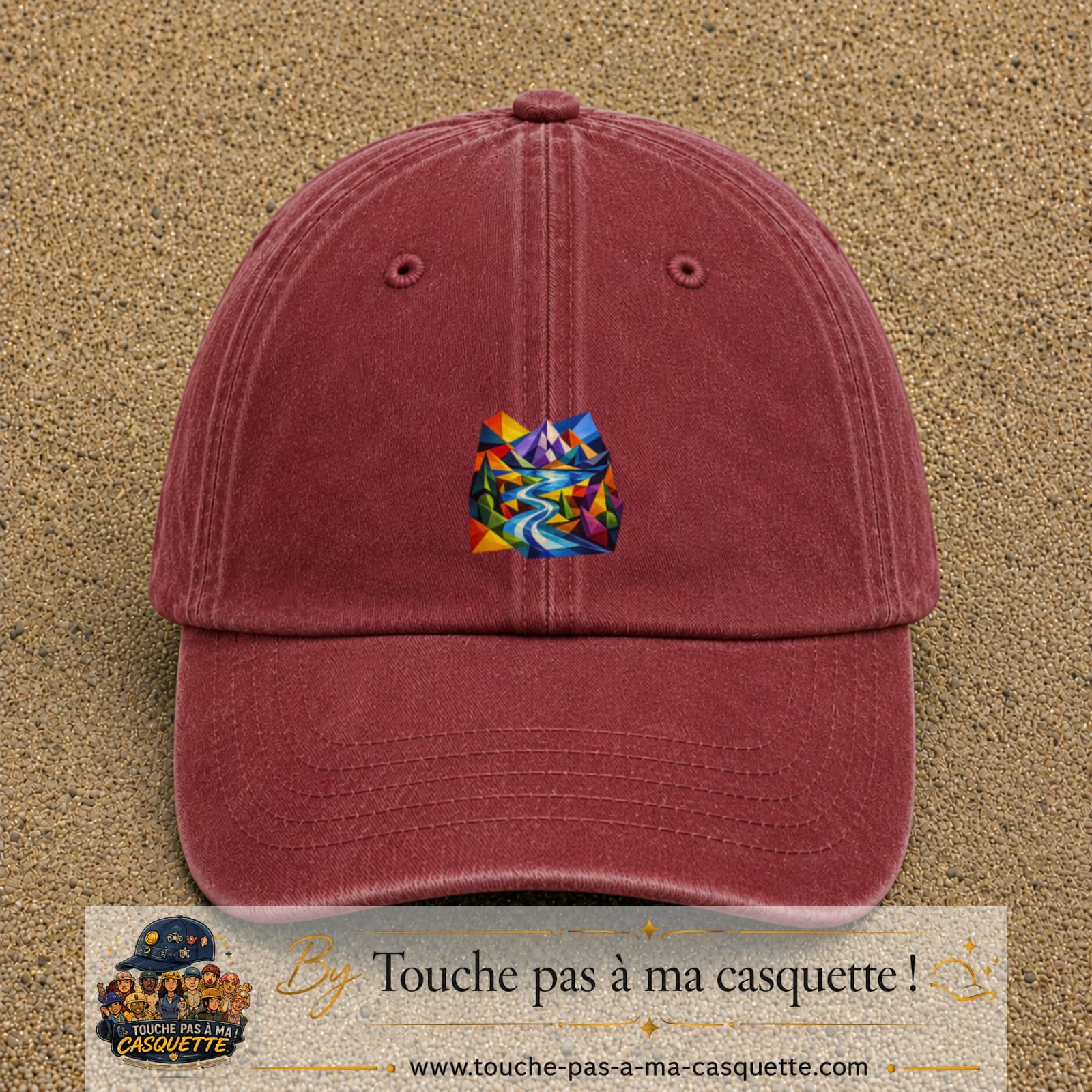 Image principale casquette Rouge délavé - Bordeaux délavé avec motif Rivière de montagne 5 cm