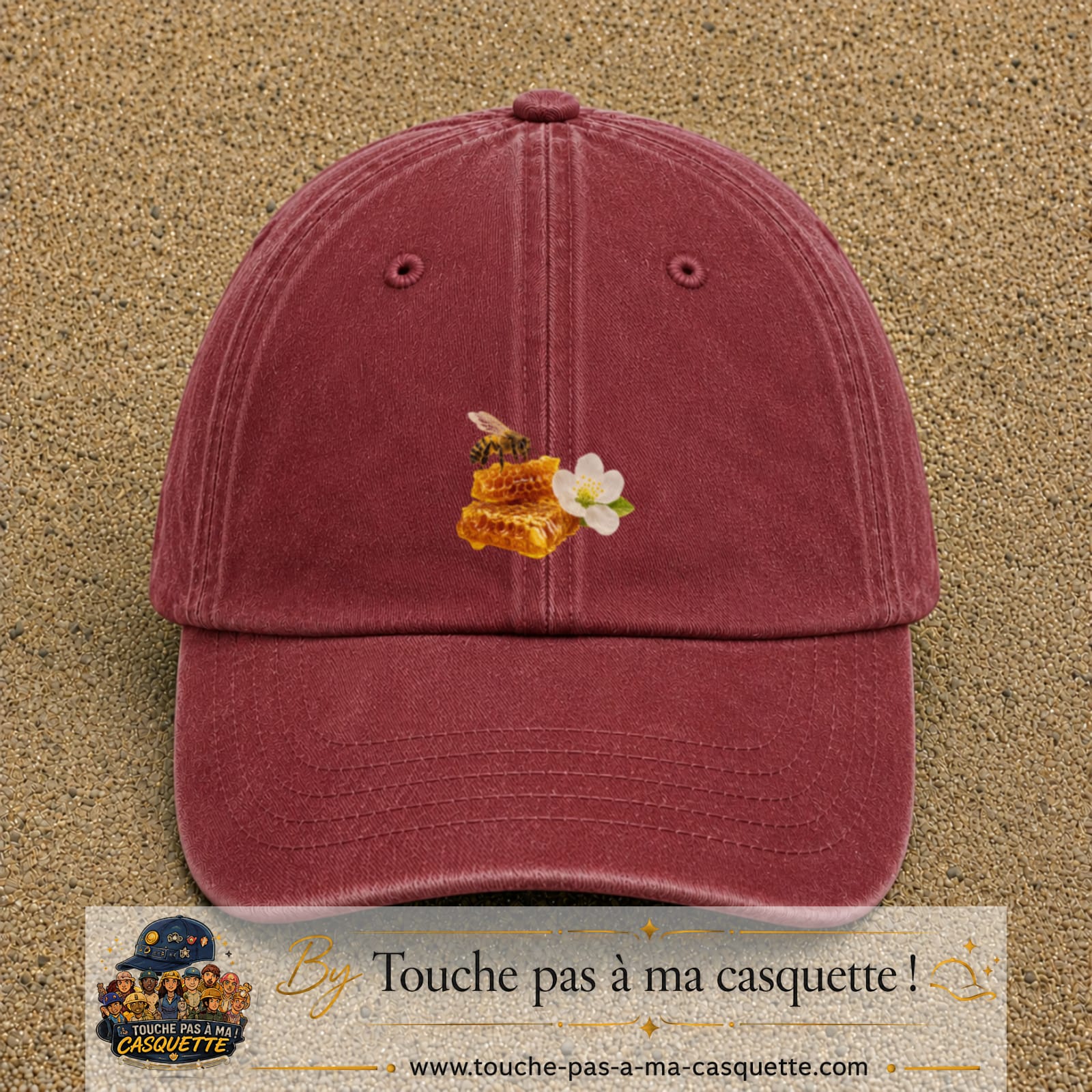Image principale casquette Rouge délavé - Bordeaux délavé avec motif Abeille et miel 5 cm