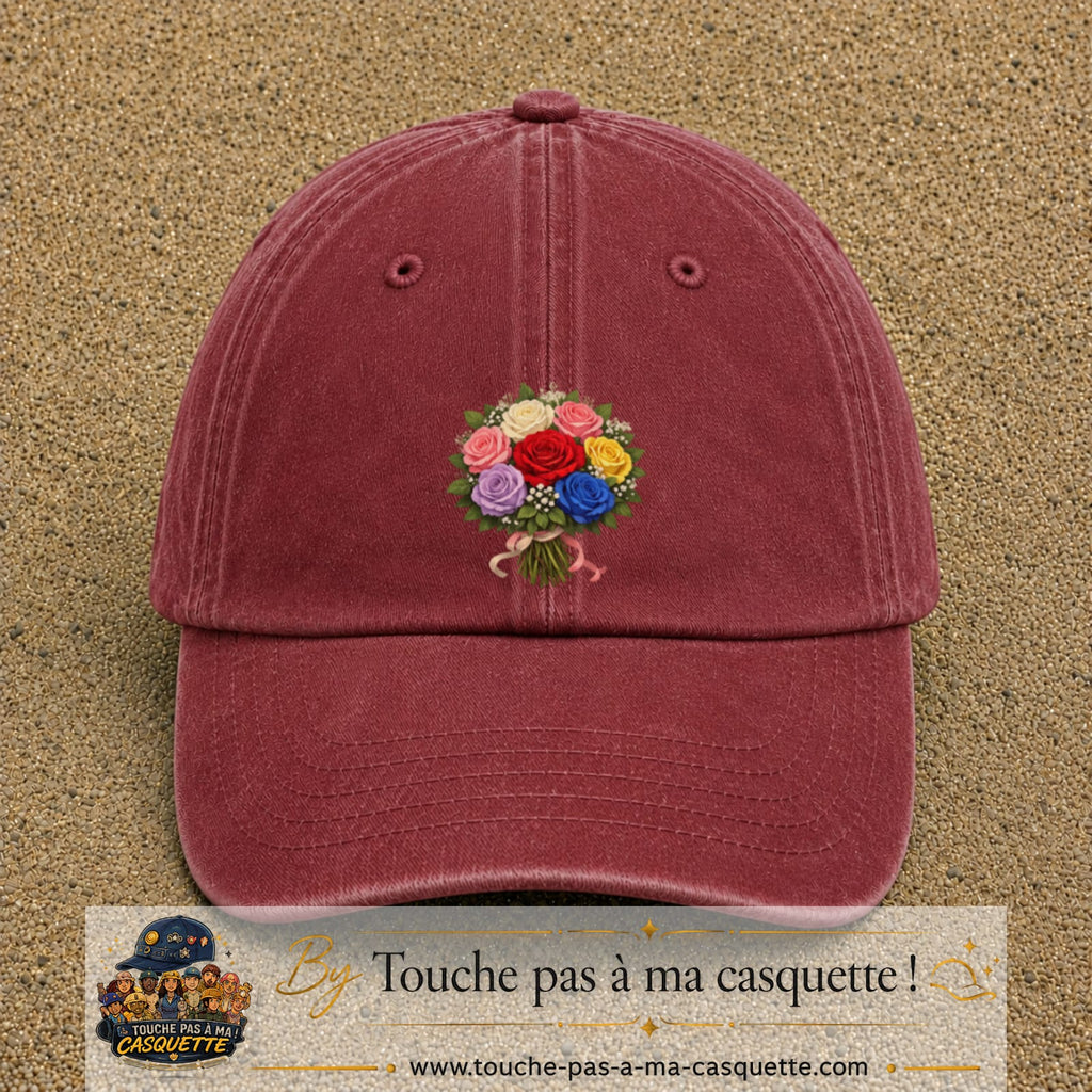 Casquette Rouge délavé - Bordeaux délavé avec motif Bouquet de roses multicolores en 7 cm – vue principale