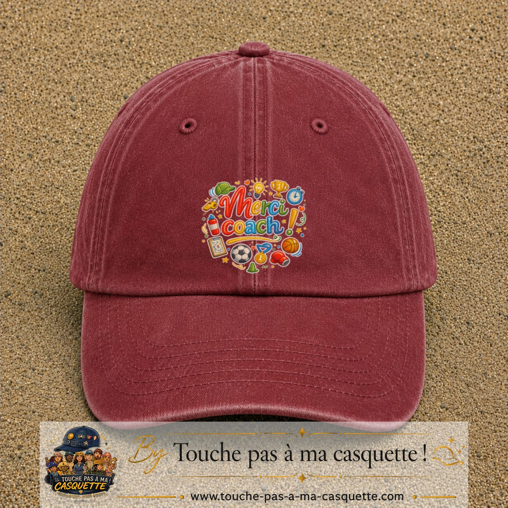 Casquette Rouge délavé - Bordeaux délavé avec motif Merci coach multisport en 7 cm – vue principale