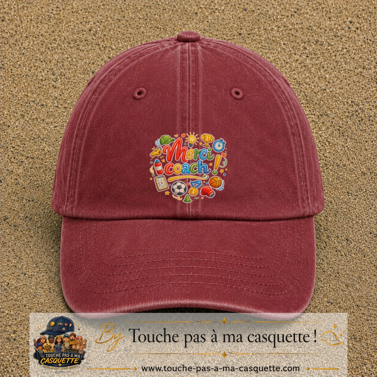 Casquette Rouge délavé - Bordeaux délavé avec motif Merci coach multisport en 7 cm – vue principale