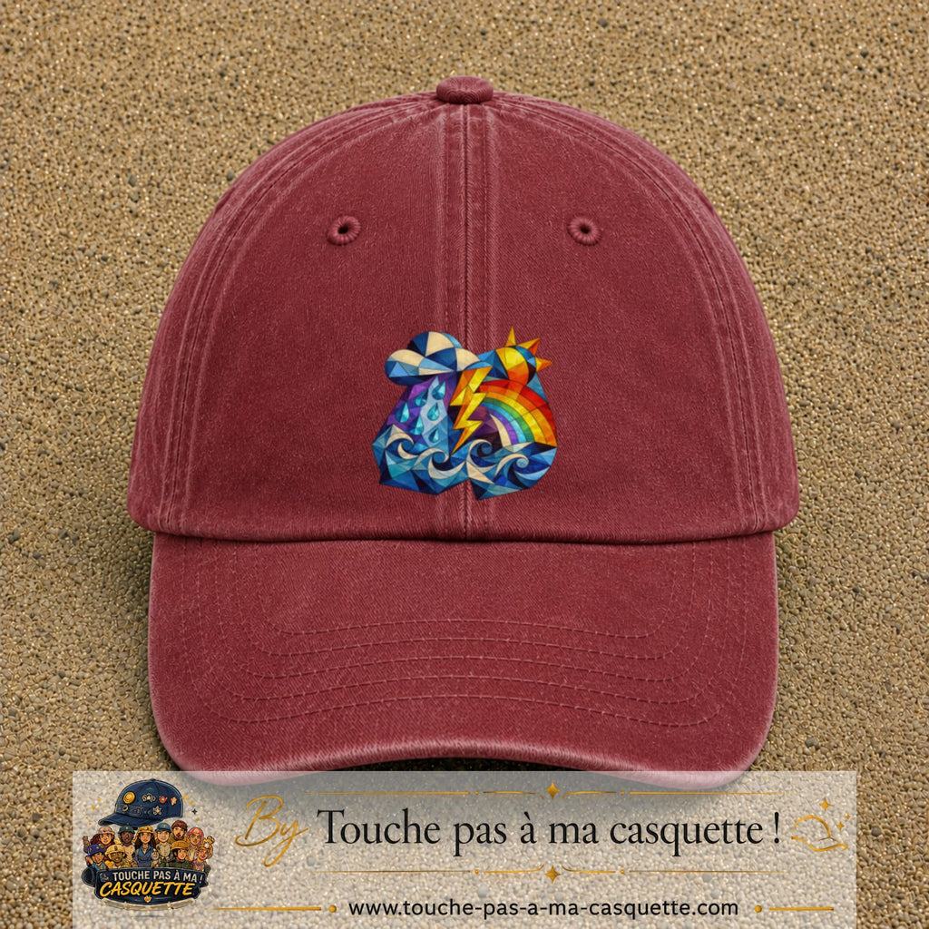 Image principale casquette Rouge délavé - Bordeaux délavé avec motif Orage arc-en-ciel 7 cm