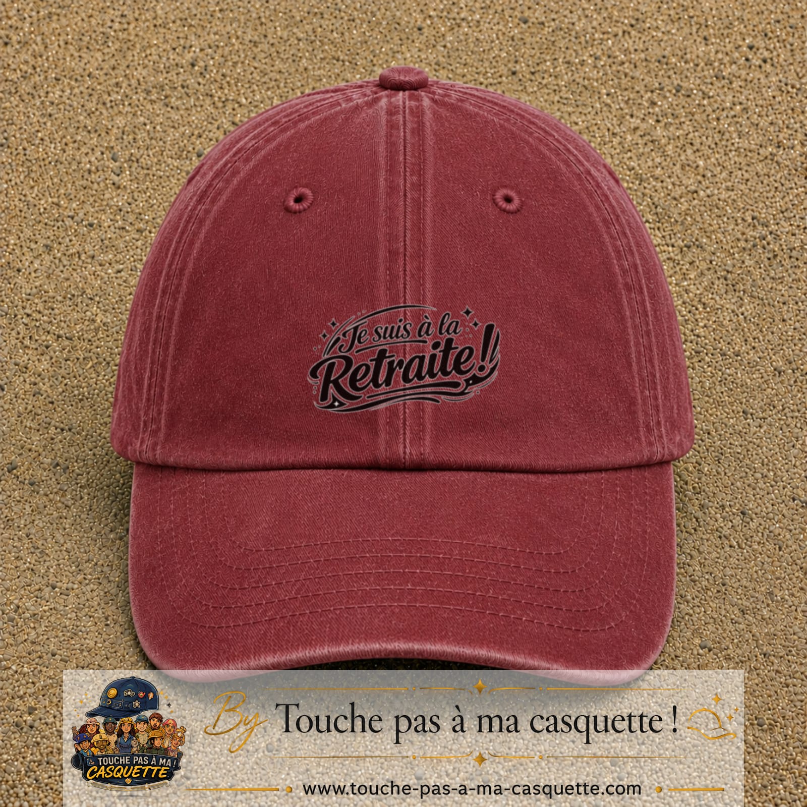 Casquette Rouge délavé - Bordeaux délavé avec motif Je suis à la retraite en 5 cm – vue principale