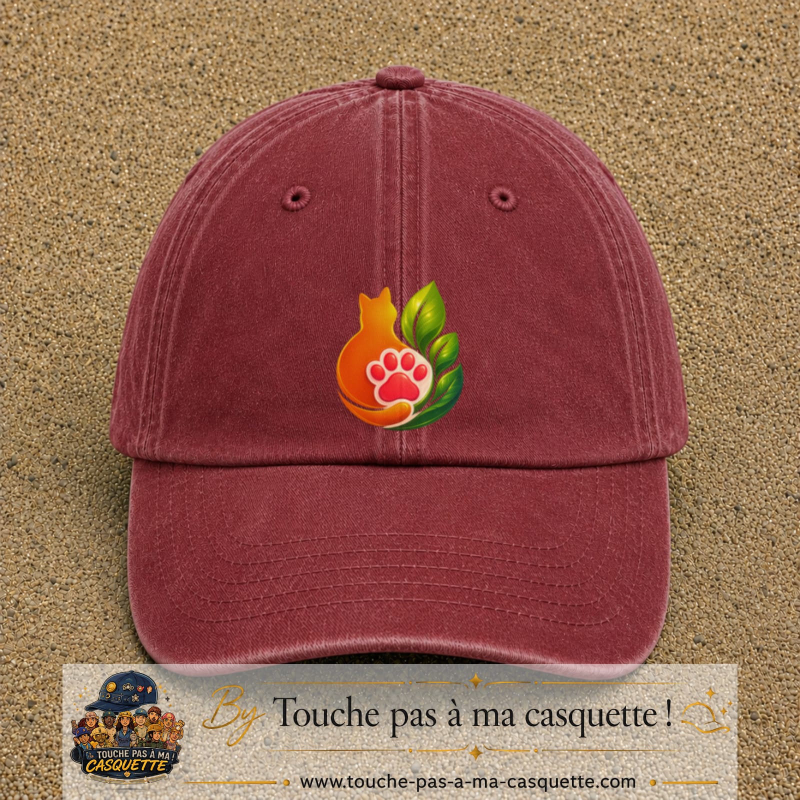 Casquette Rouge délavé - Bordeaux délavé motif Chat feuille logo 7 cm
