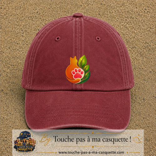 Casquette Rouge délavé - Bordeaux délavé motif Chat feuille logo 7 cm