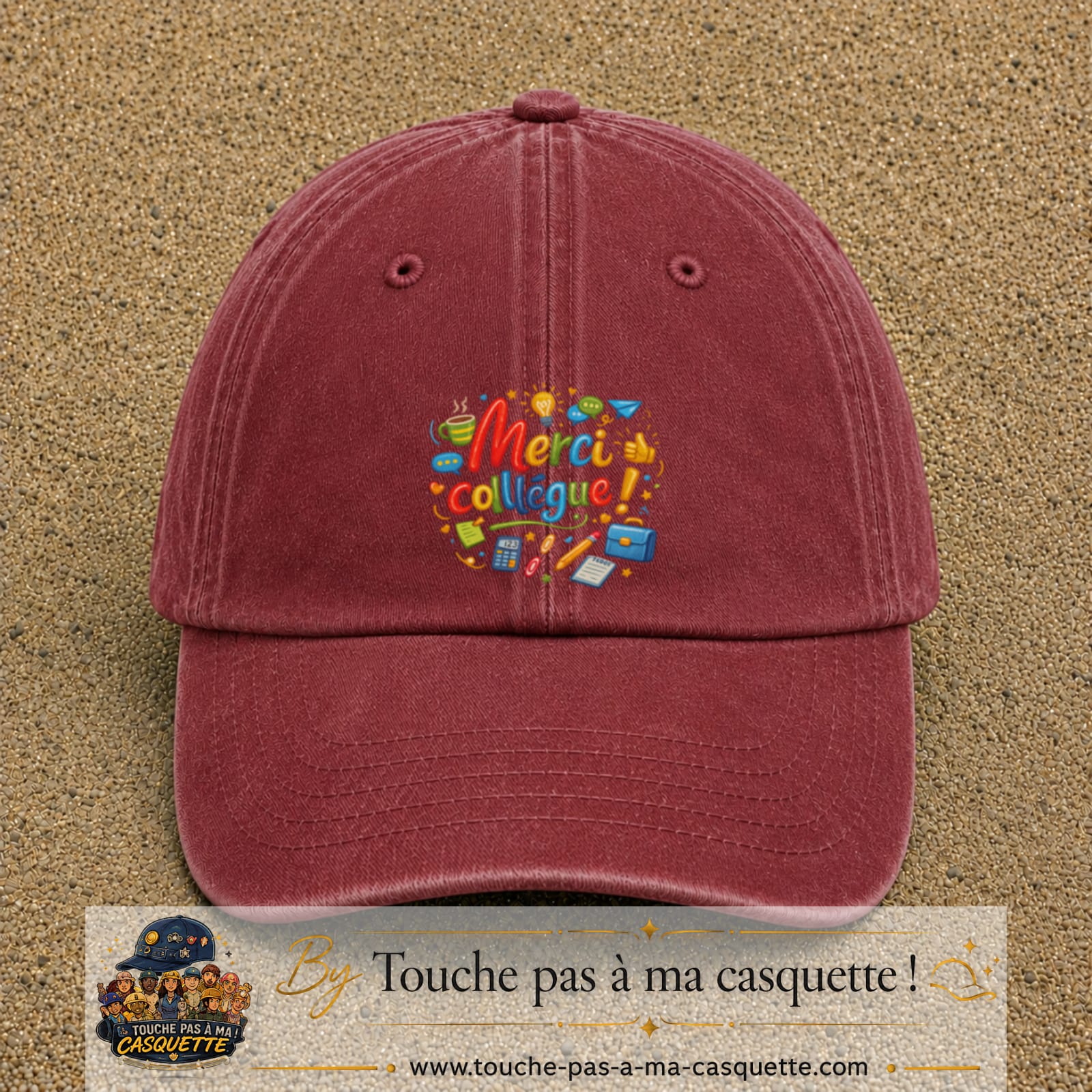 Casquette Rouge délavé - Bordeaux délavé avec motif Merci collègue en 7 cm – vue principale
