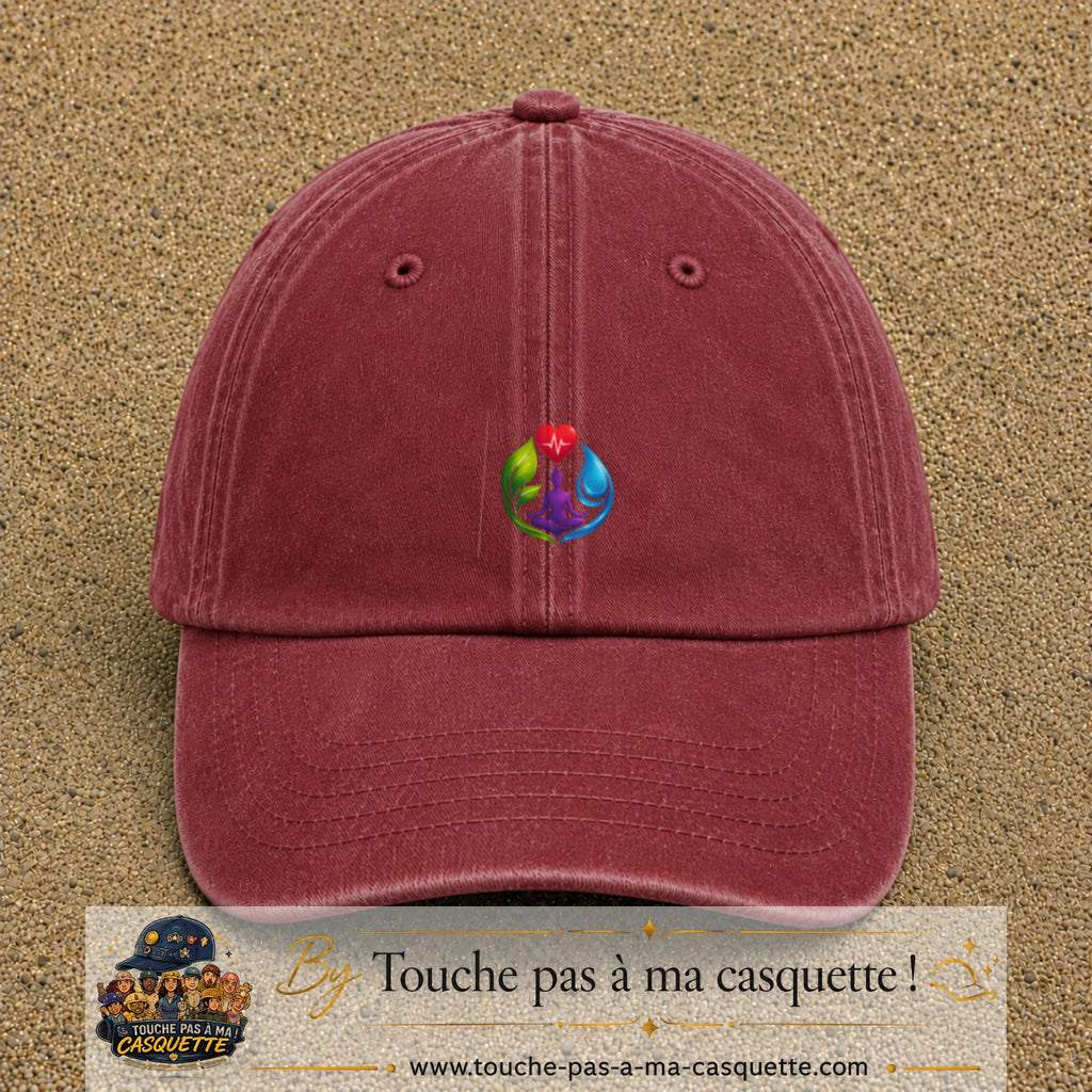 Casquette Rouge délavé - Bordeaux délavé motif Yoga santé logo 5 cm