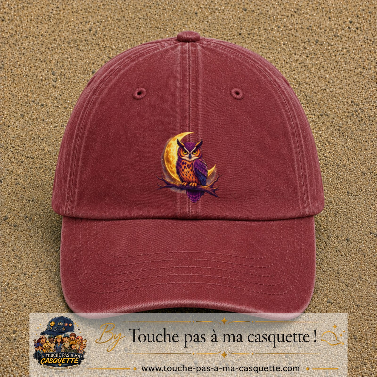 Casquette Rouge délavé - Bordeaux délavé motif Hibou lune logo 7 cm