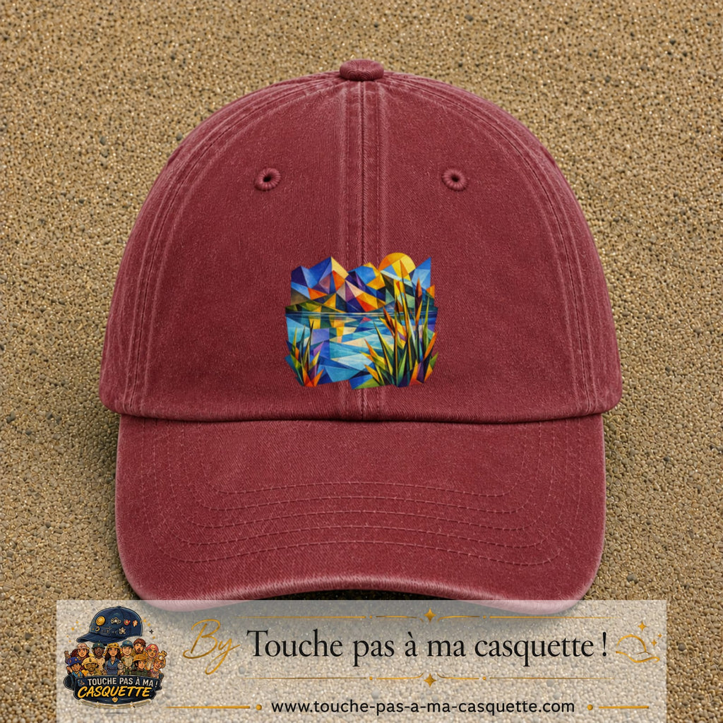 Casquette Rouge délavé - Bordeaux délavé motif Paysage tropical géométrique logo 7 cm